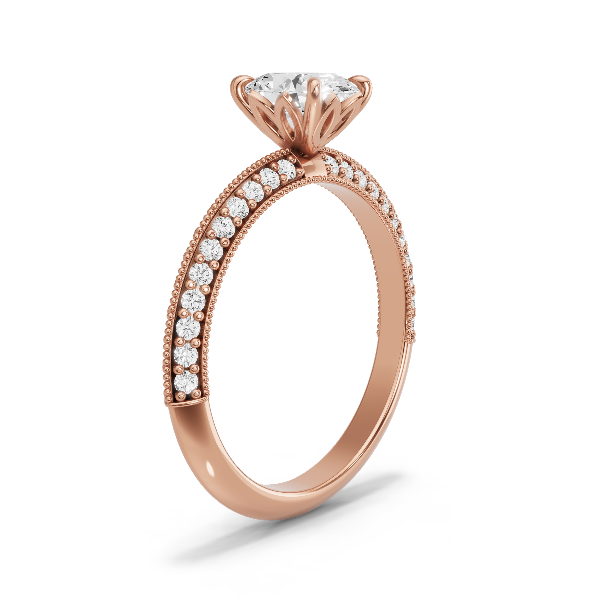 Image for Oval Lotus Basket Ring with Knife Edge Pave band in 14K Rose Gold