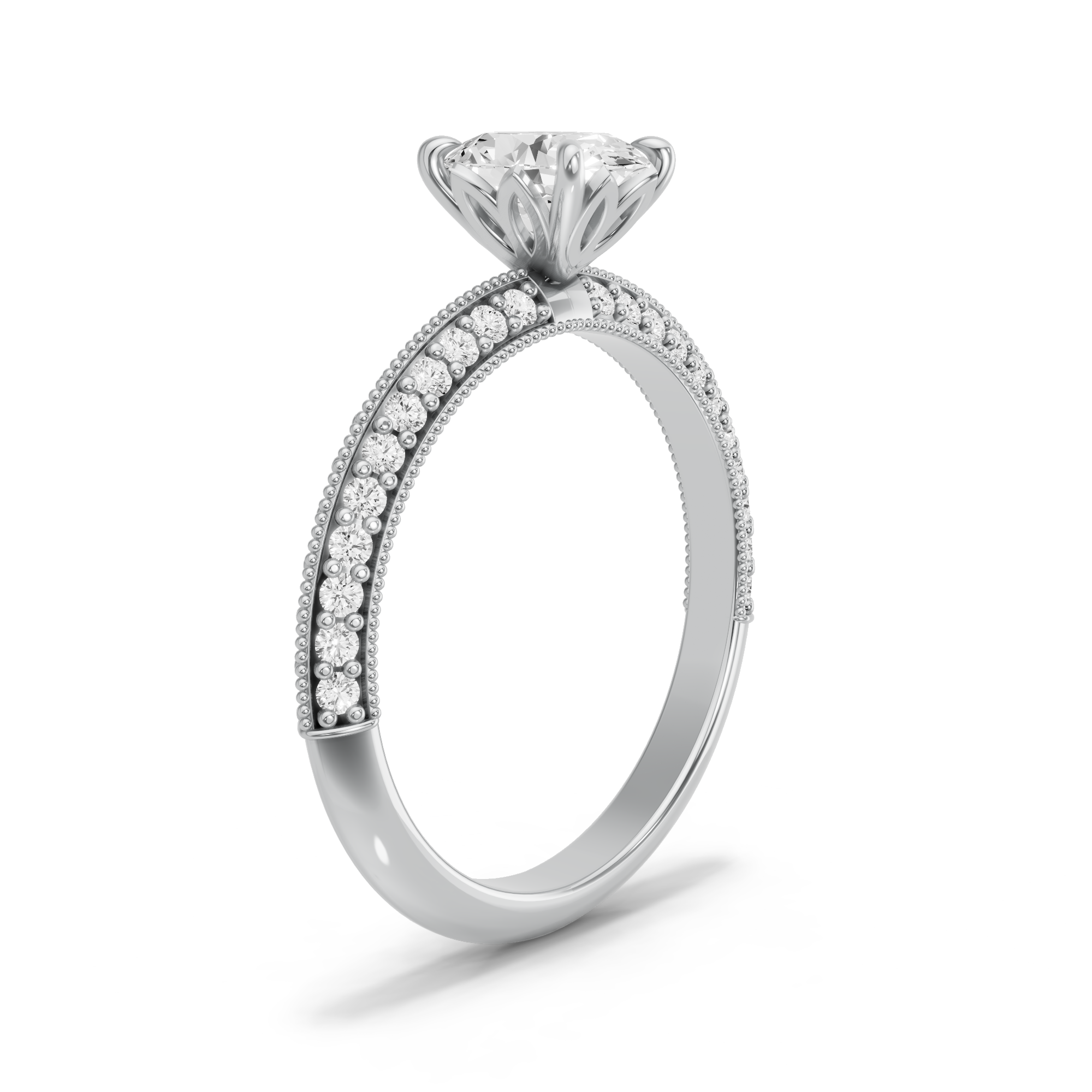 Image for Oval Lotus Basket Ring with Knife Edge Pave band in 10K White Gold