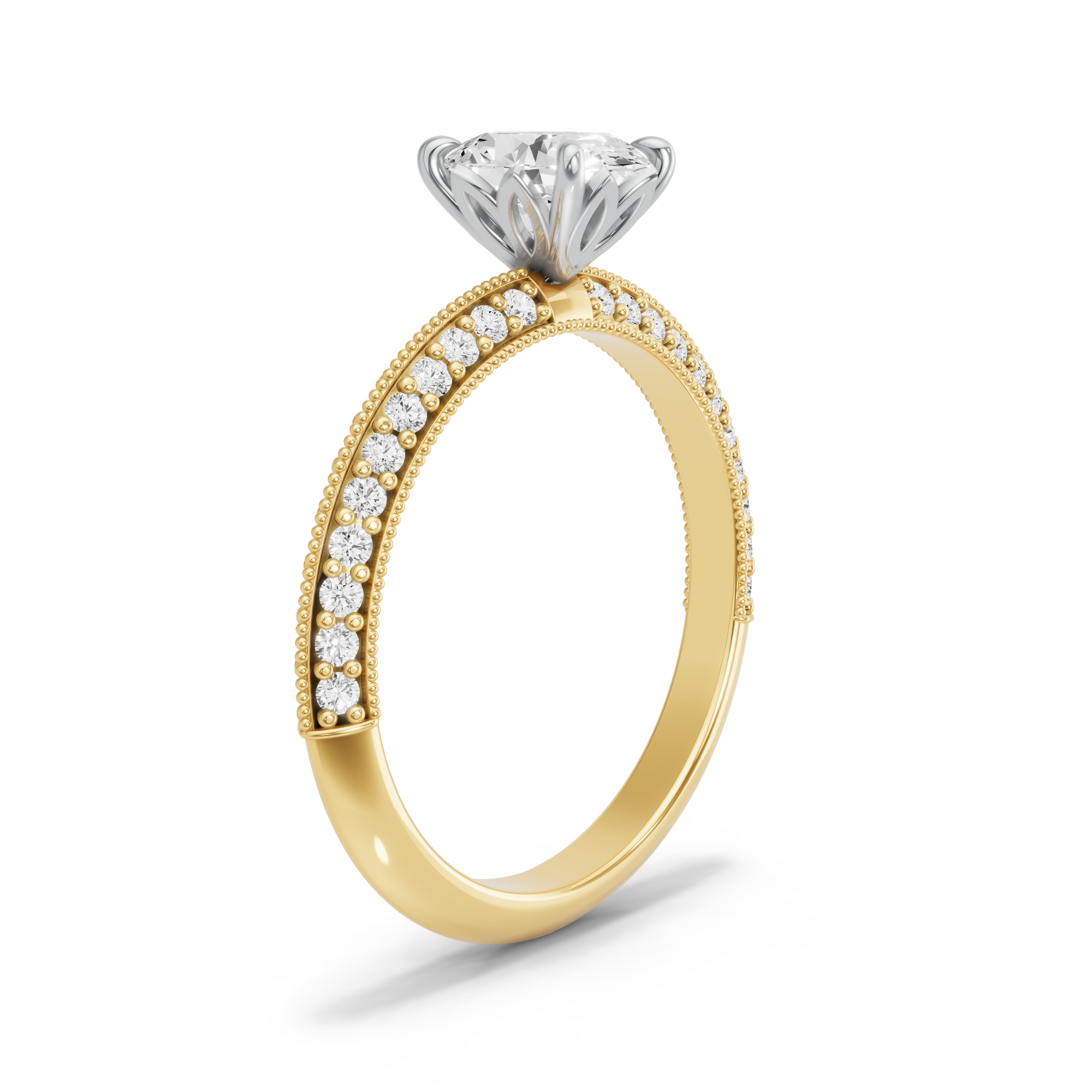 Image for Oval Lotus Basket Ring with Knife Edge Pave band in 18K Two Tone Yellow Gold