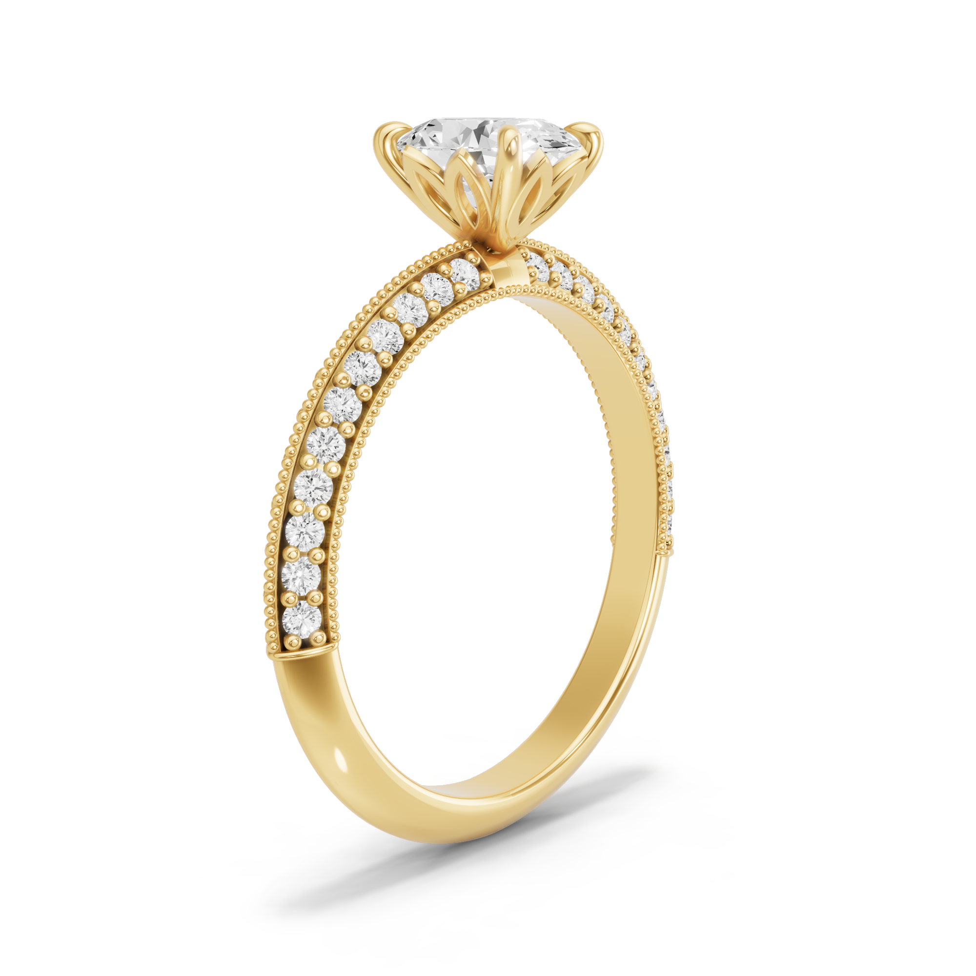 Image for Oval Lotus Basket Ring with Knife Edge Pave band in 10K Yellow Gold