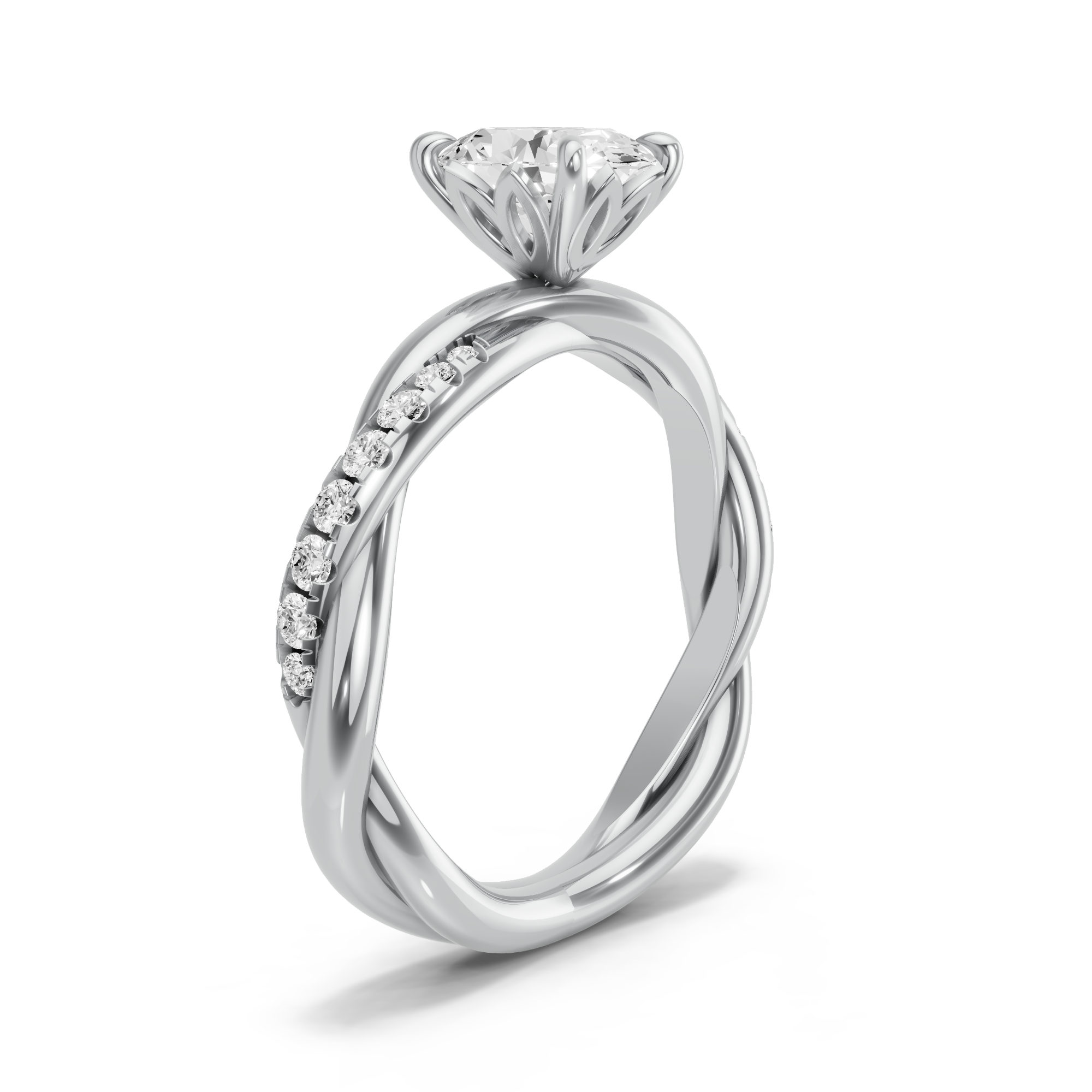Image for Oval Lotus Basket Ring with Rope Pave band in 14K White Gold