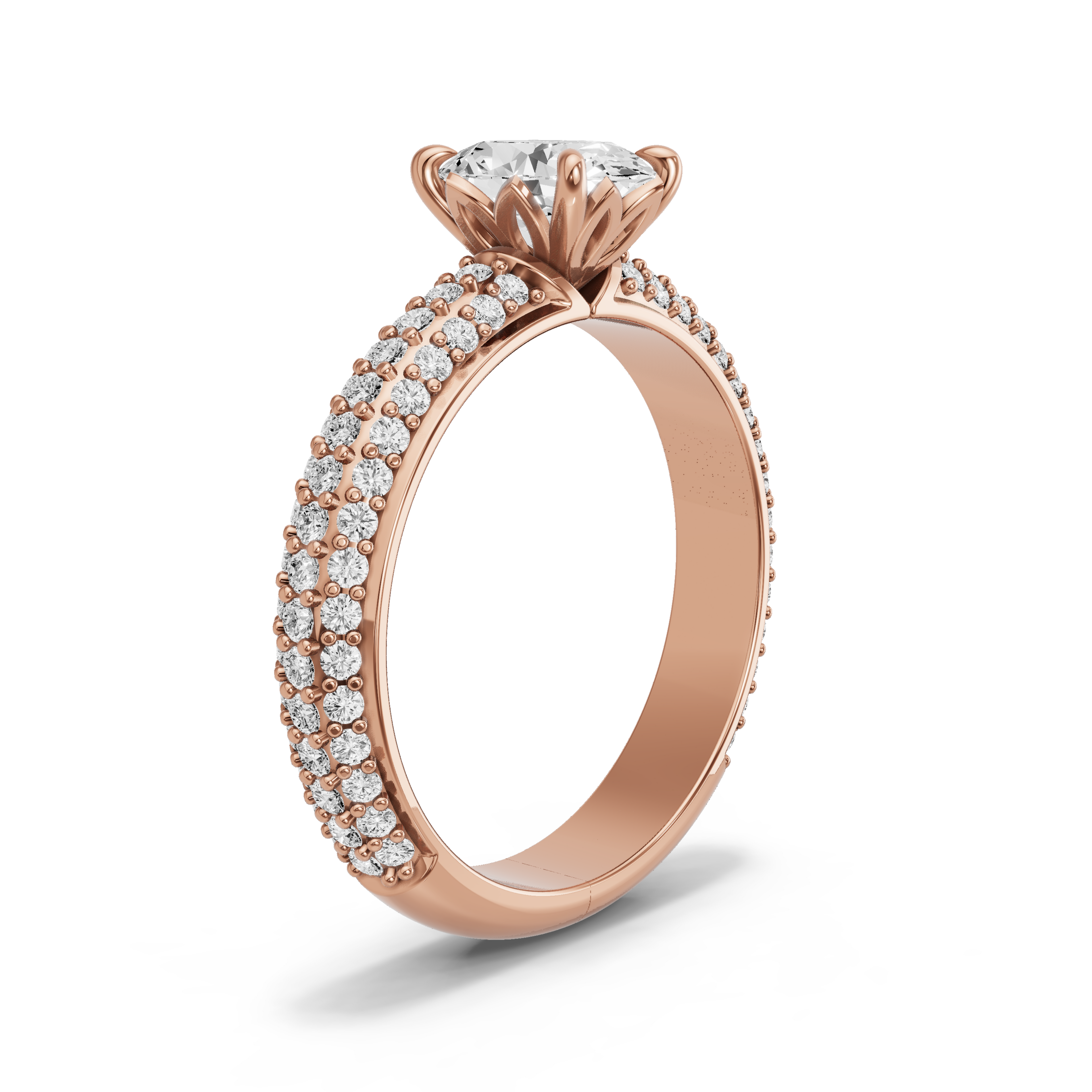 Image for Oval Lotus Basket Ring with Triple Row Pave band in 14K Rose Gold