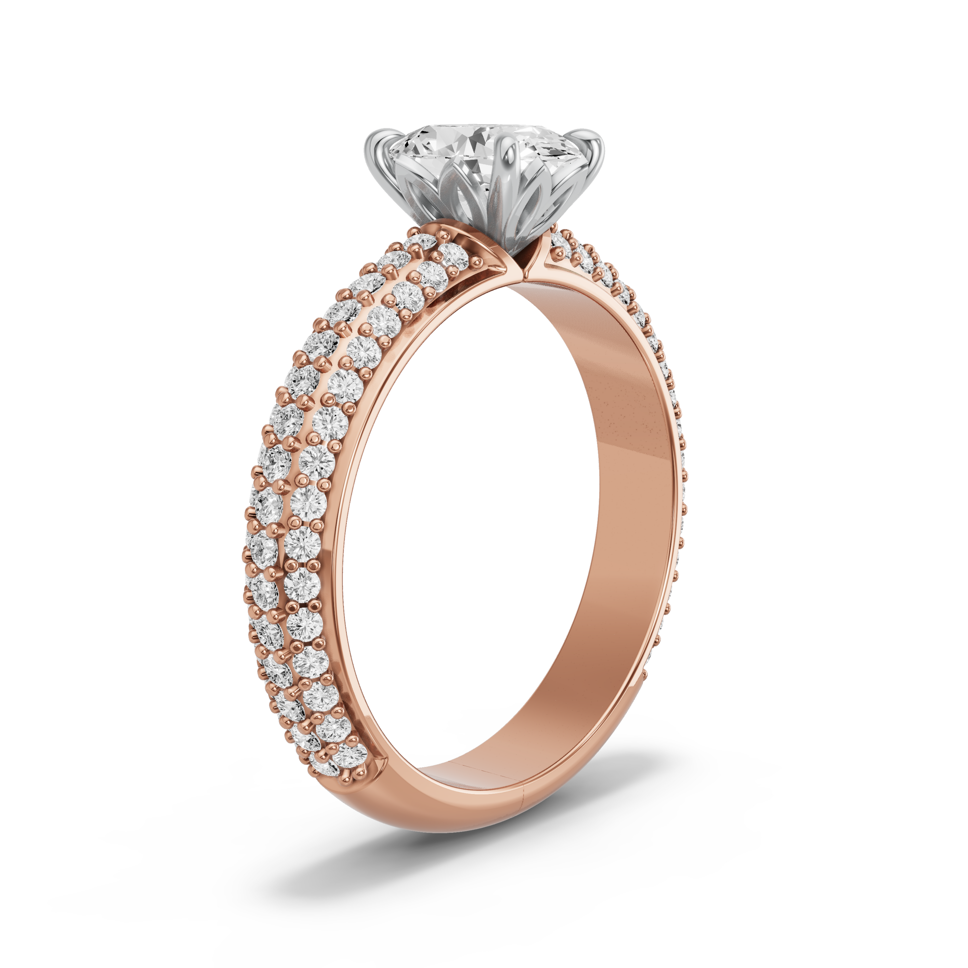 Image for Oval Lotus Basket Ring with Triple Row Pave band in 10K Two Tone Rose Gold