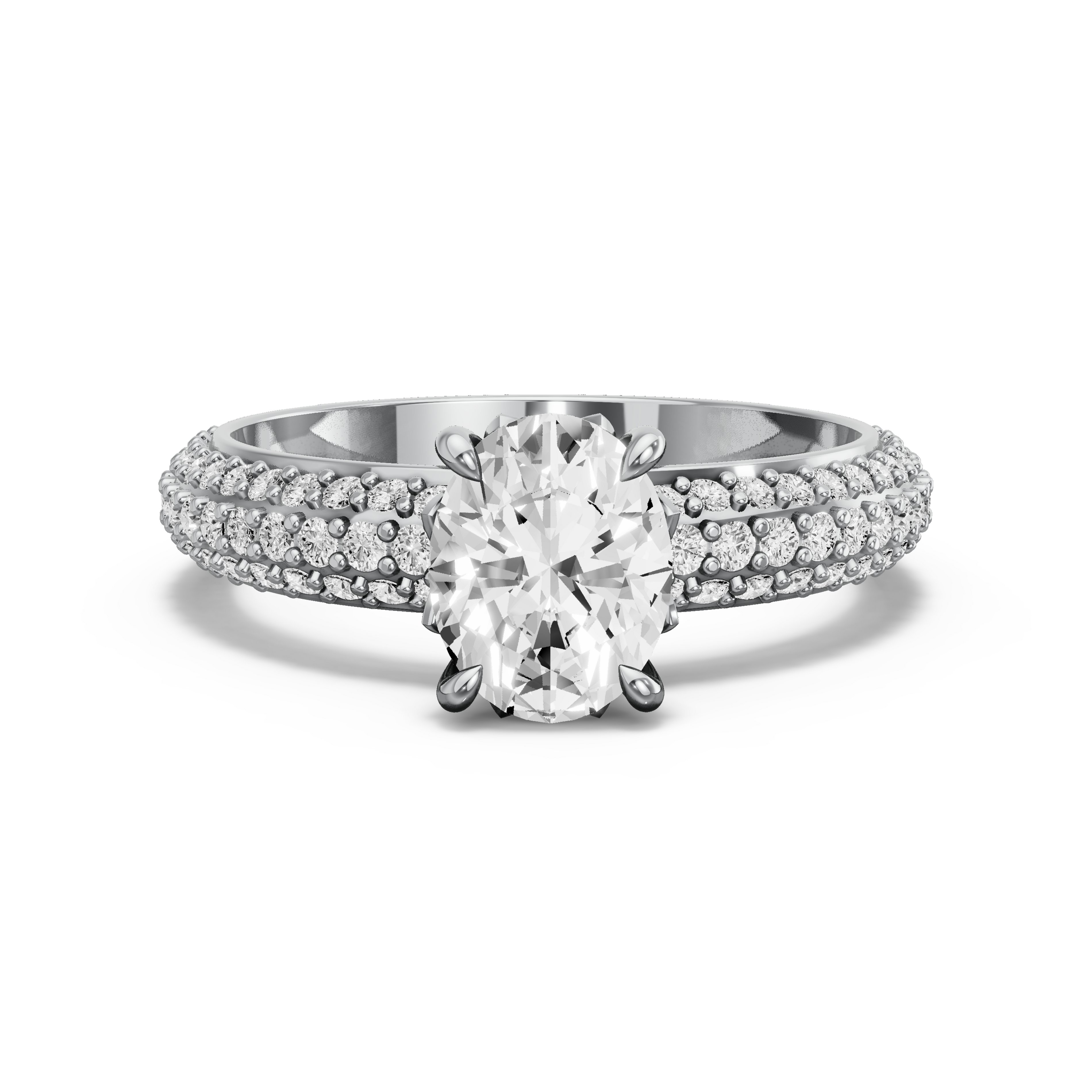 Image for Oval Lotus Basket Ring with Triple Row Pave band in 18K White Gold