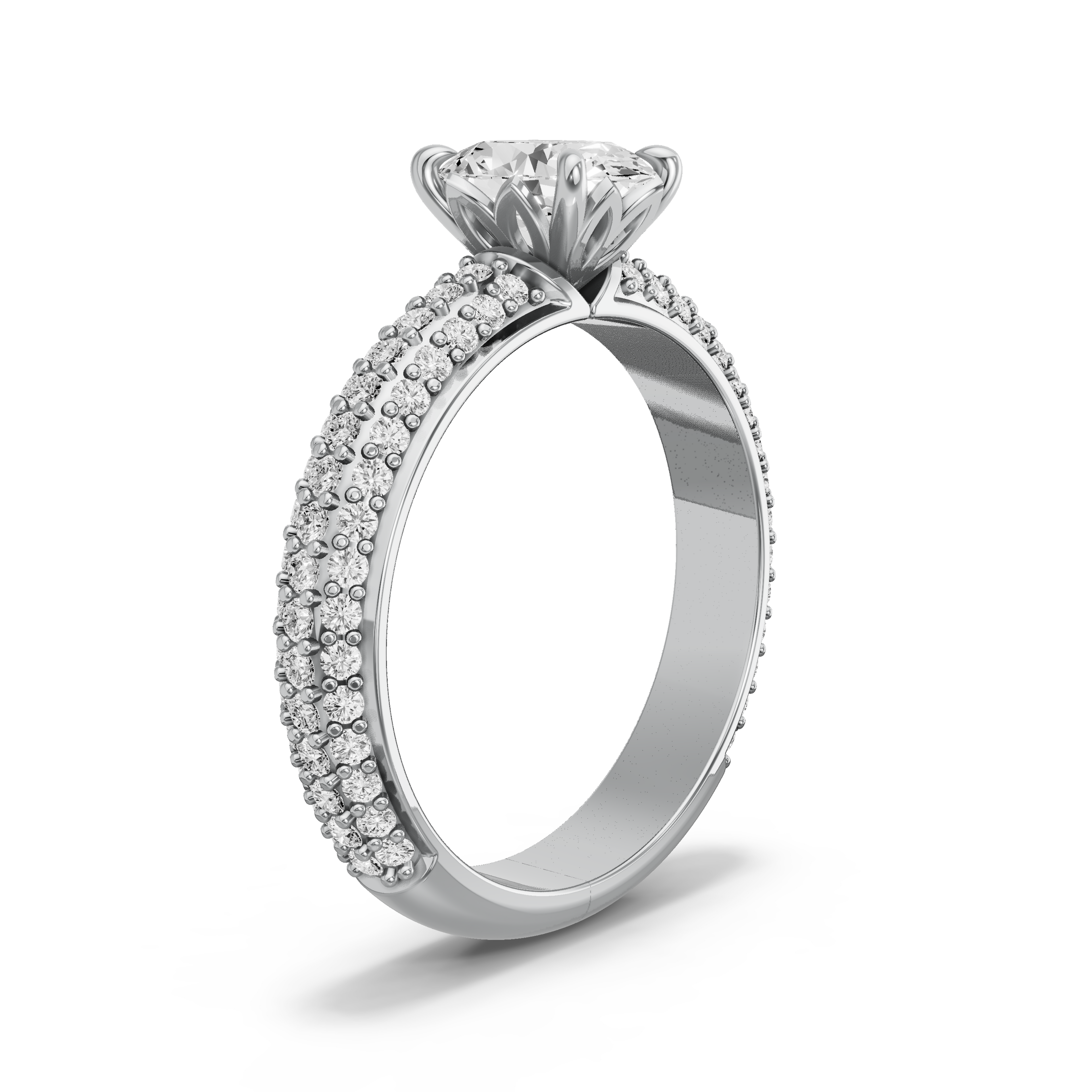 Image for Oval Lotus Basket Ring with Triple Row Pave band in 10K White Gold