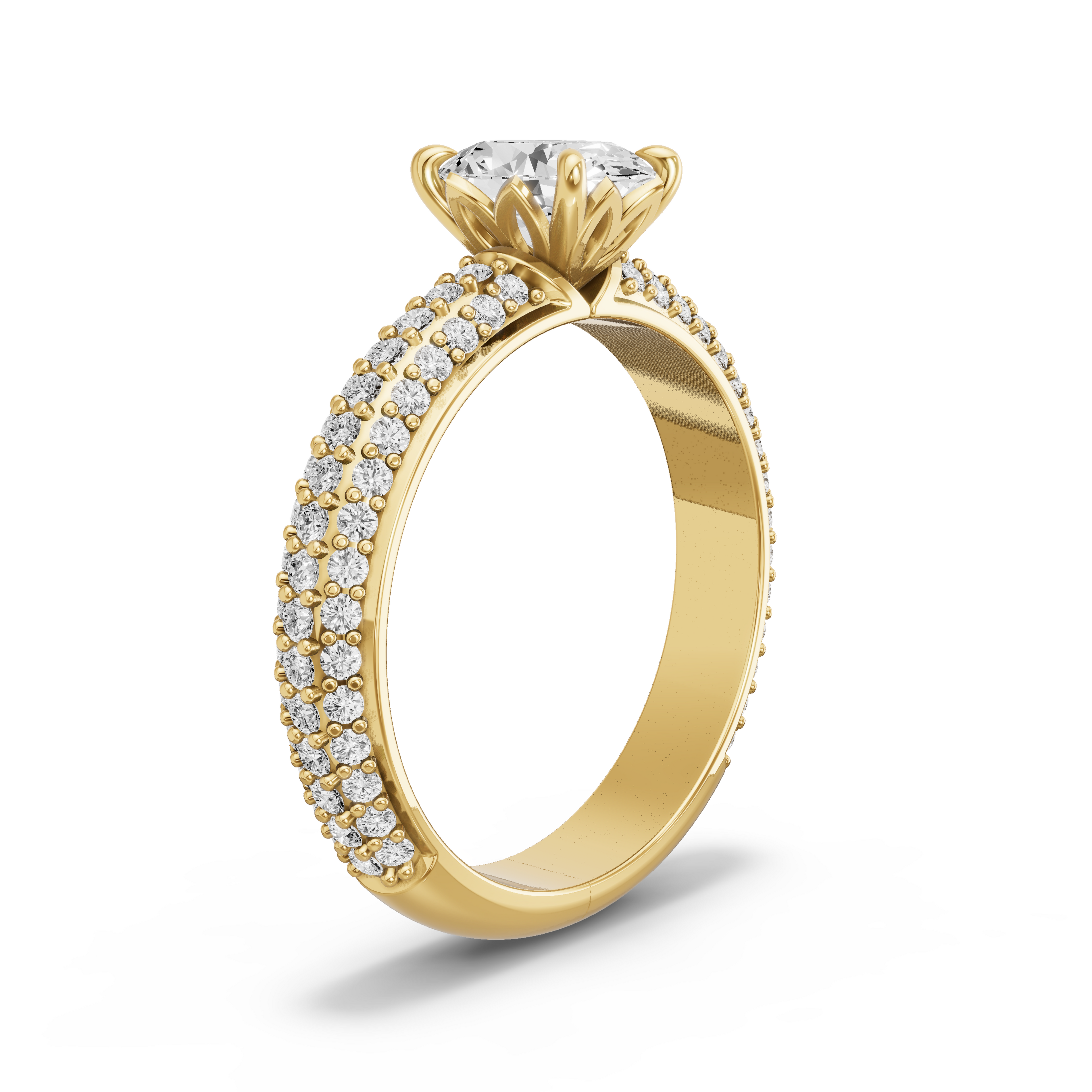 Image for Oval Lotus Basket Ring with Triple Row Pave band in 14K Yellow Gold