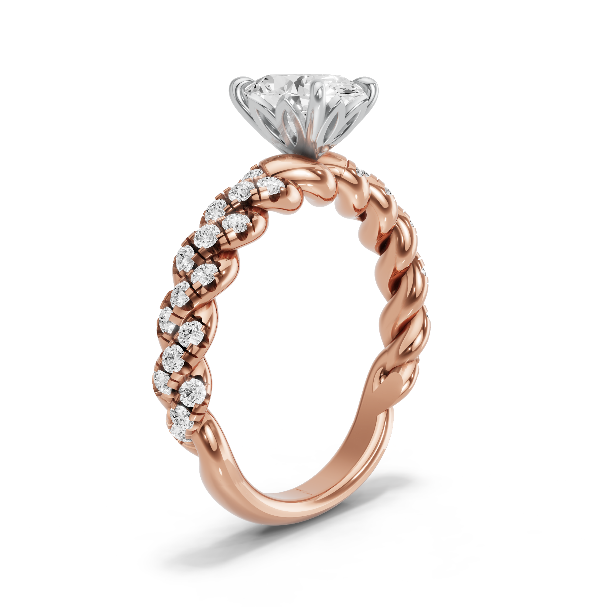 Image for Oval Lotus Basket Ring with Twist Pave band in 10K Two Tone Rose Gold