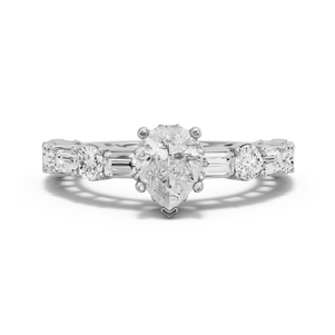 Image for Pear Lotus Basket Ring with Alternating Baguette band in 14K White Gold
