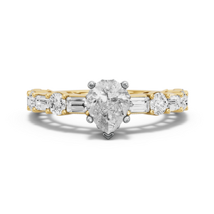 Image for Pear Lotus Basket Ring with Alternating Baguette band in 14K Two Tone Yellow Gold