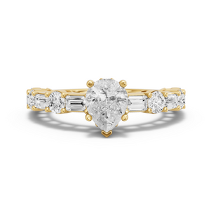 Image for Pear Lotus Basket Ring with Alternating Baguette band in 18K Yellow Gold