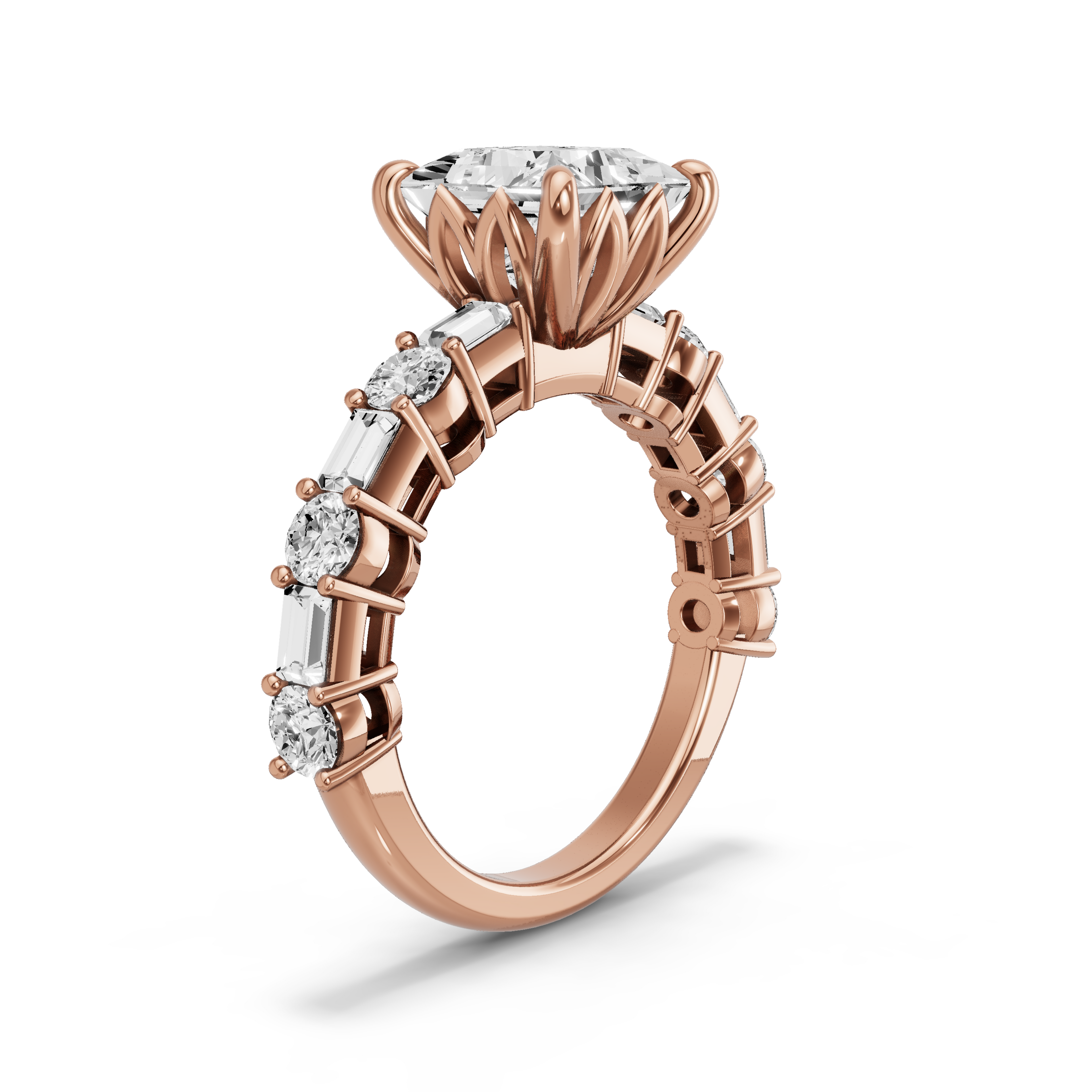 Image for Princess Lotus Basket Ring with Alternating Baguette band in 10K Yellow Gold