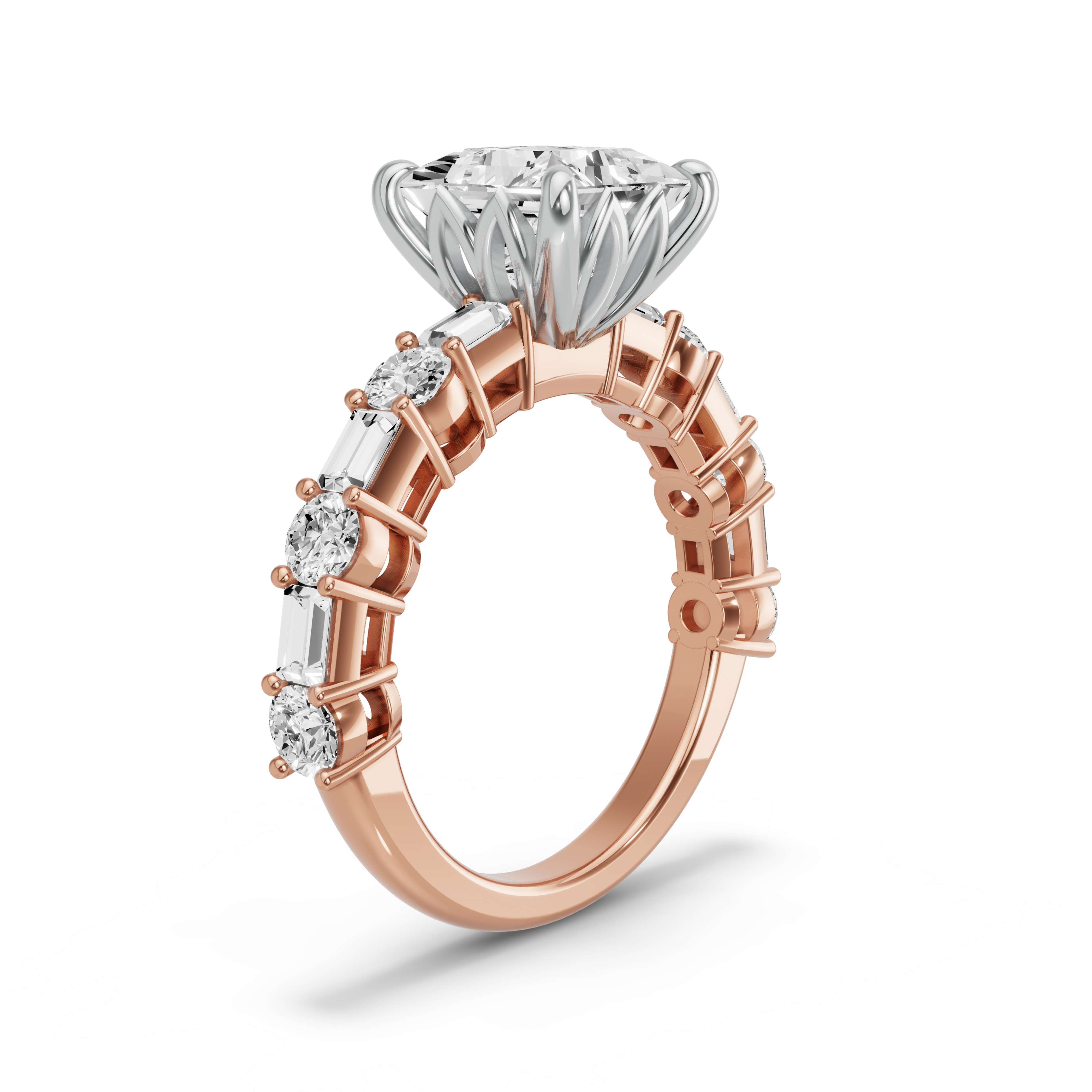 Image for Princess Lotus Basket Ring with Alternating Baguette band in 10K Two Tone Yellow Gold