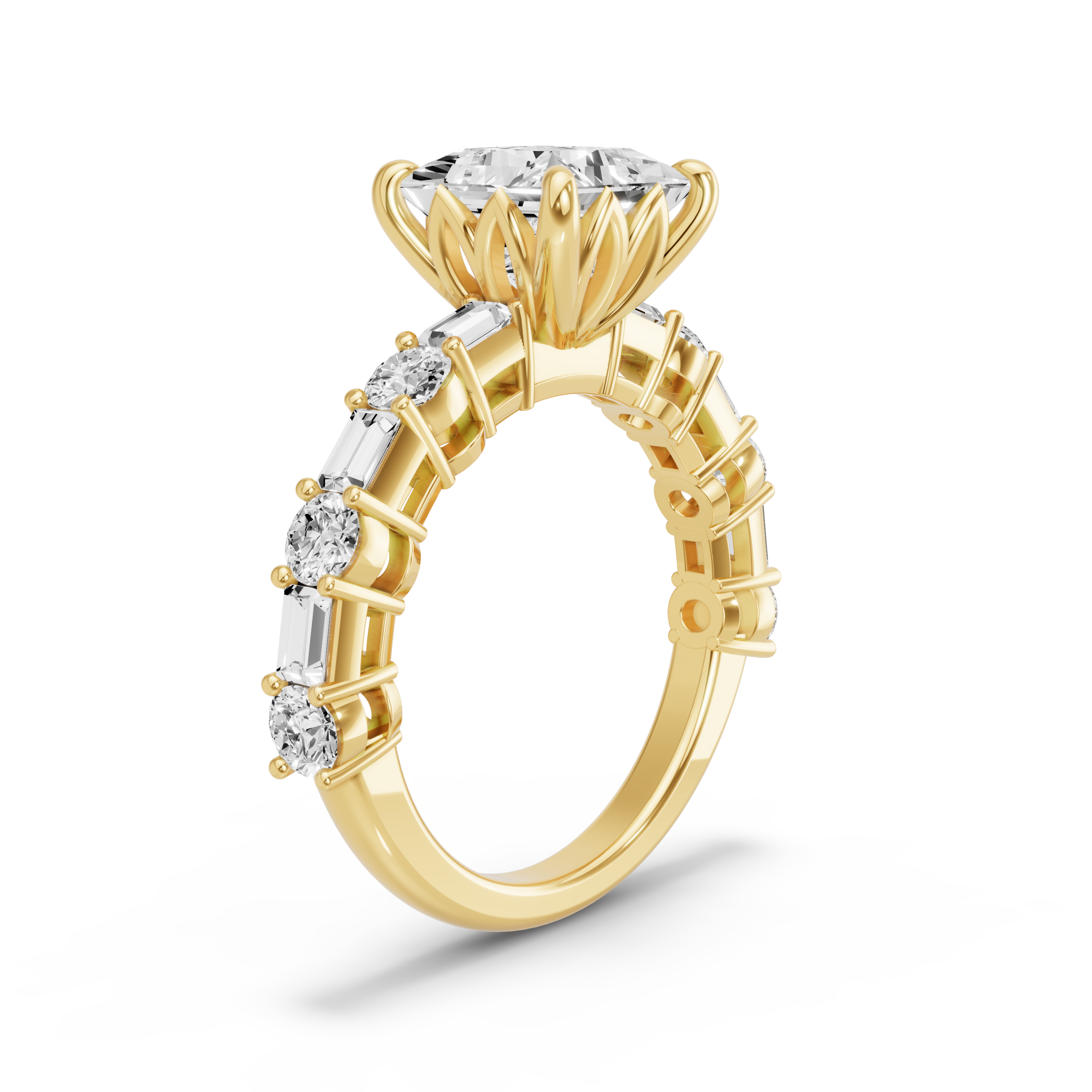 Image for Princess Lotus Basket Ring with Alternating Baguette band in 18K White Gold