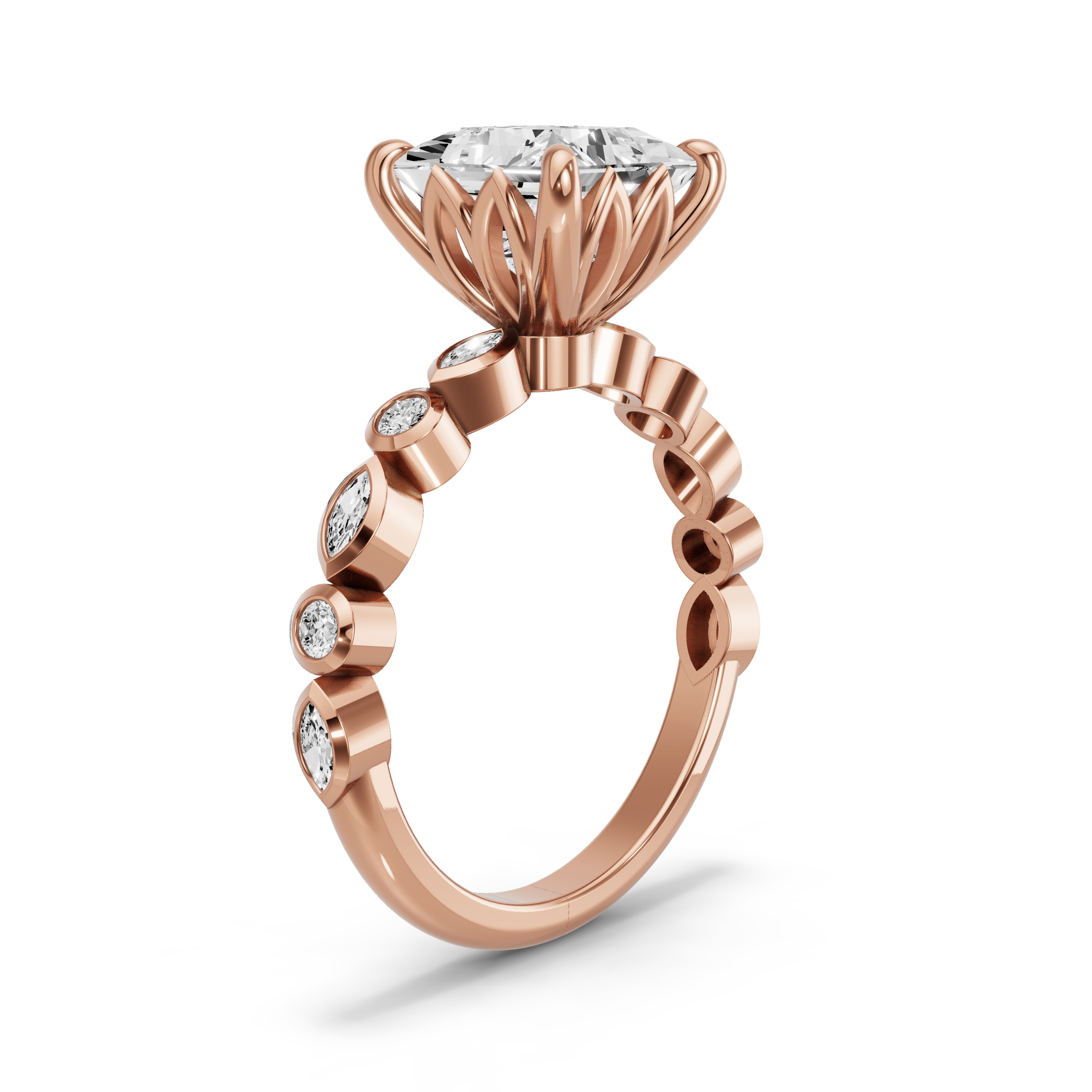 Image for Princess Lotus Basket Ring with Alternating Marquise band in 18K Yellow Gold