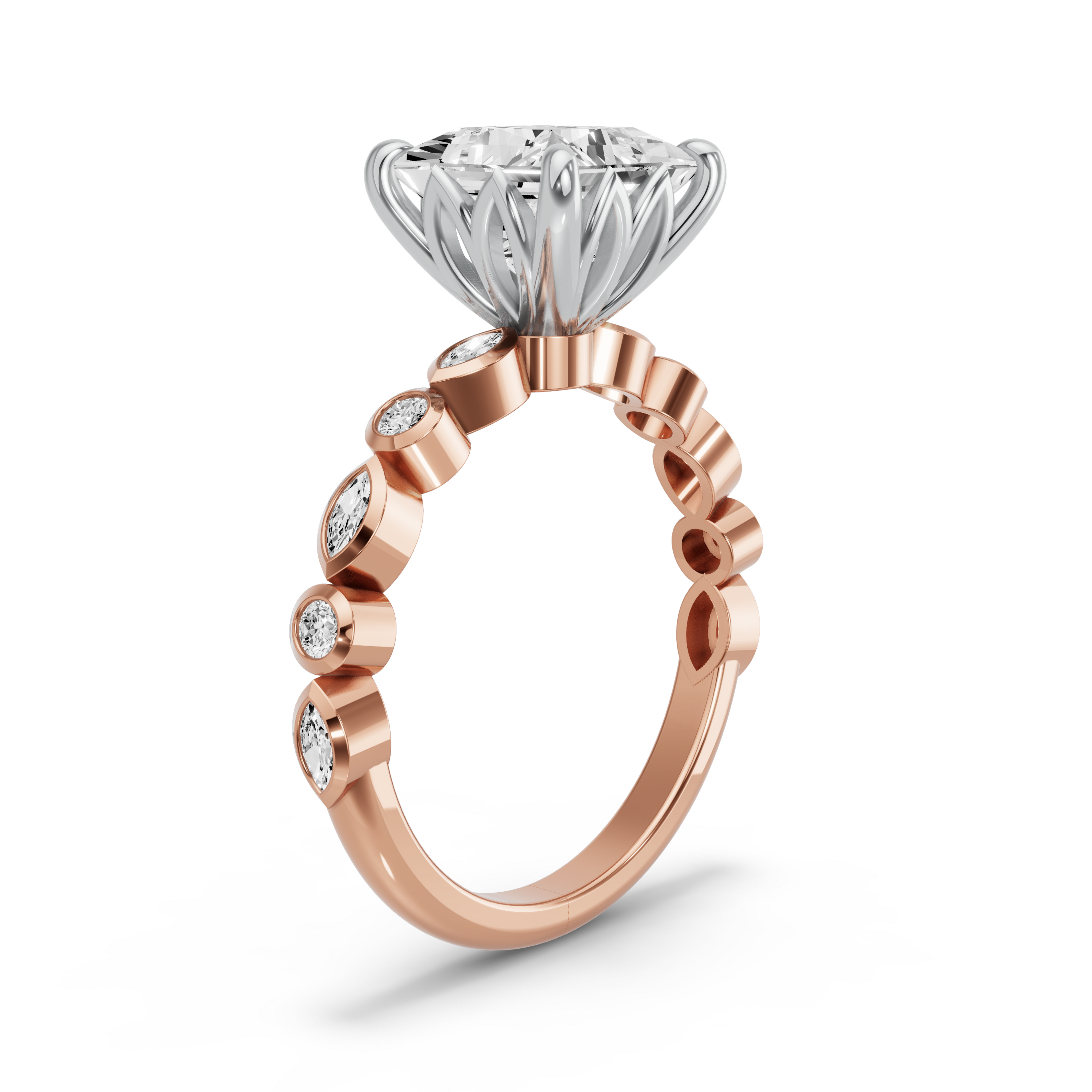 Image for Princess Lotus Basket Ring with Alternating Marquise band in 10K Two Tone Yellow Gold
