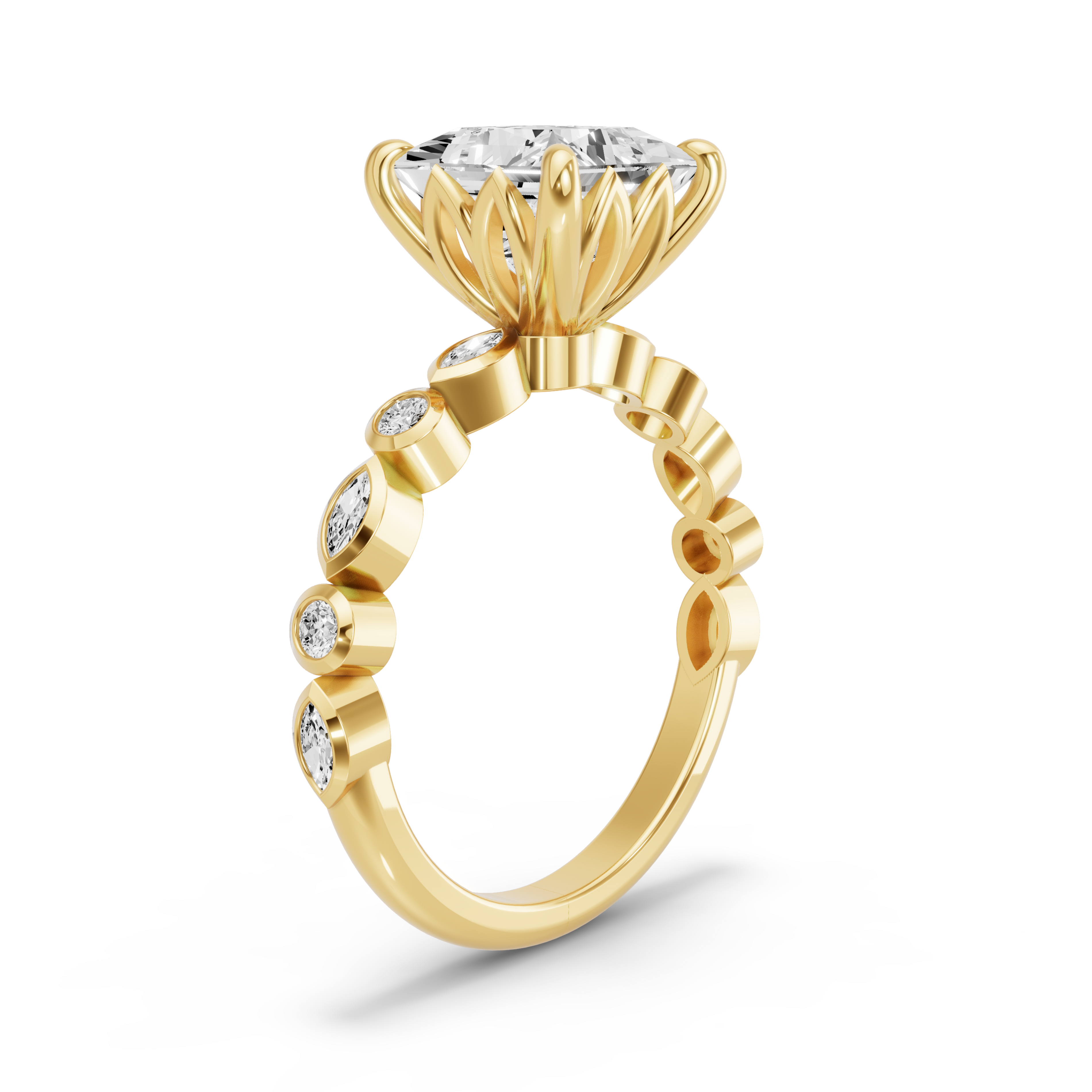 Image for Princess Lotus Basket Ring with Alternating Marquise band in 14K White Gold