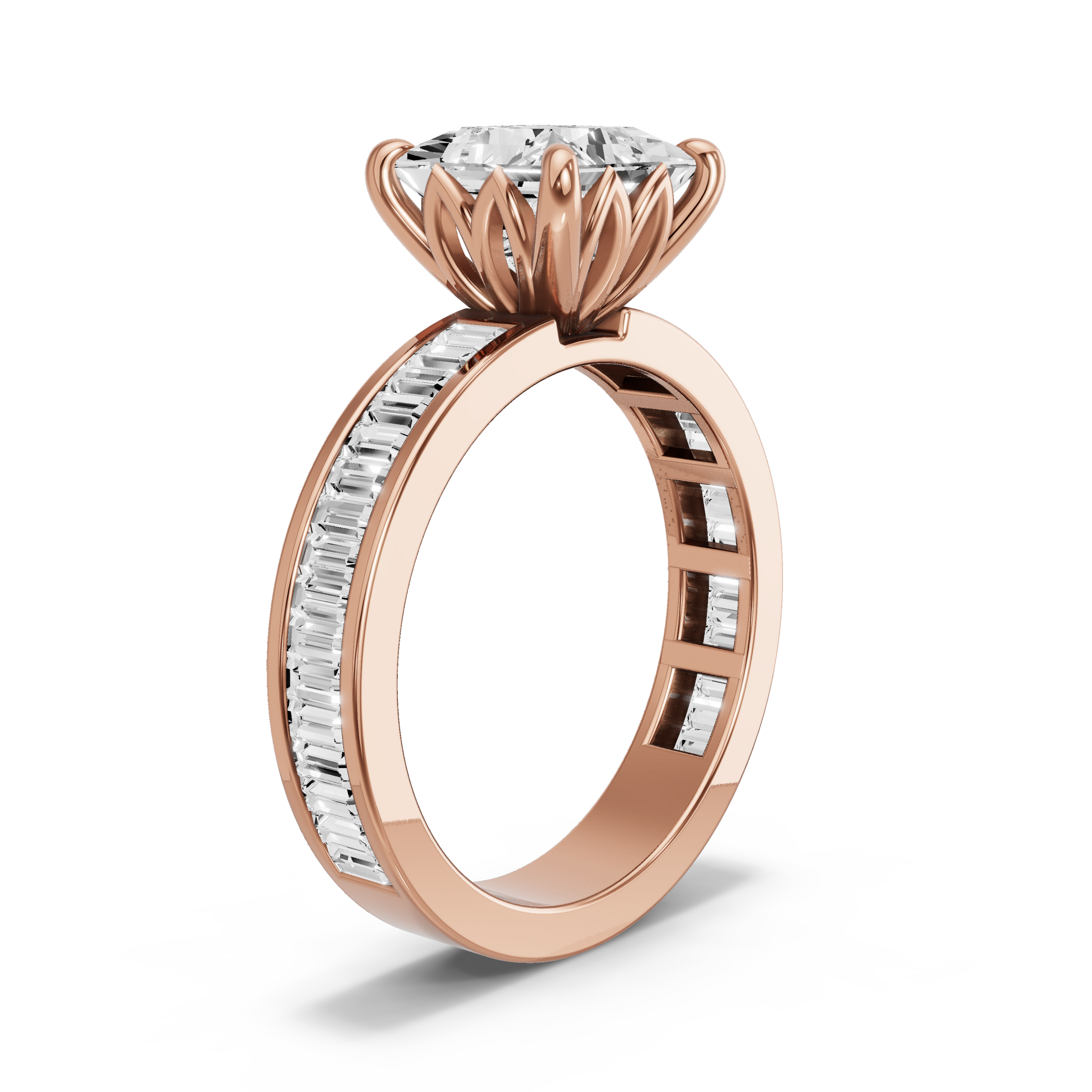 Image for Princess Lotus Basket Ring with Baguette Channel band in 14K Yellow Gold