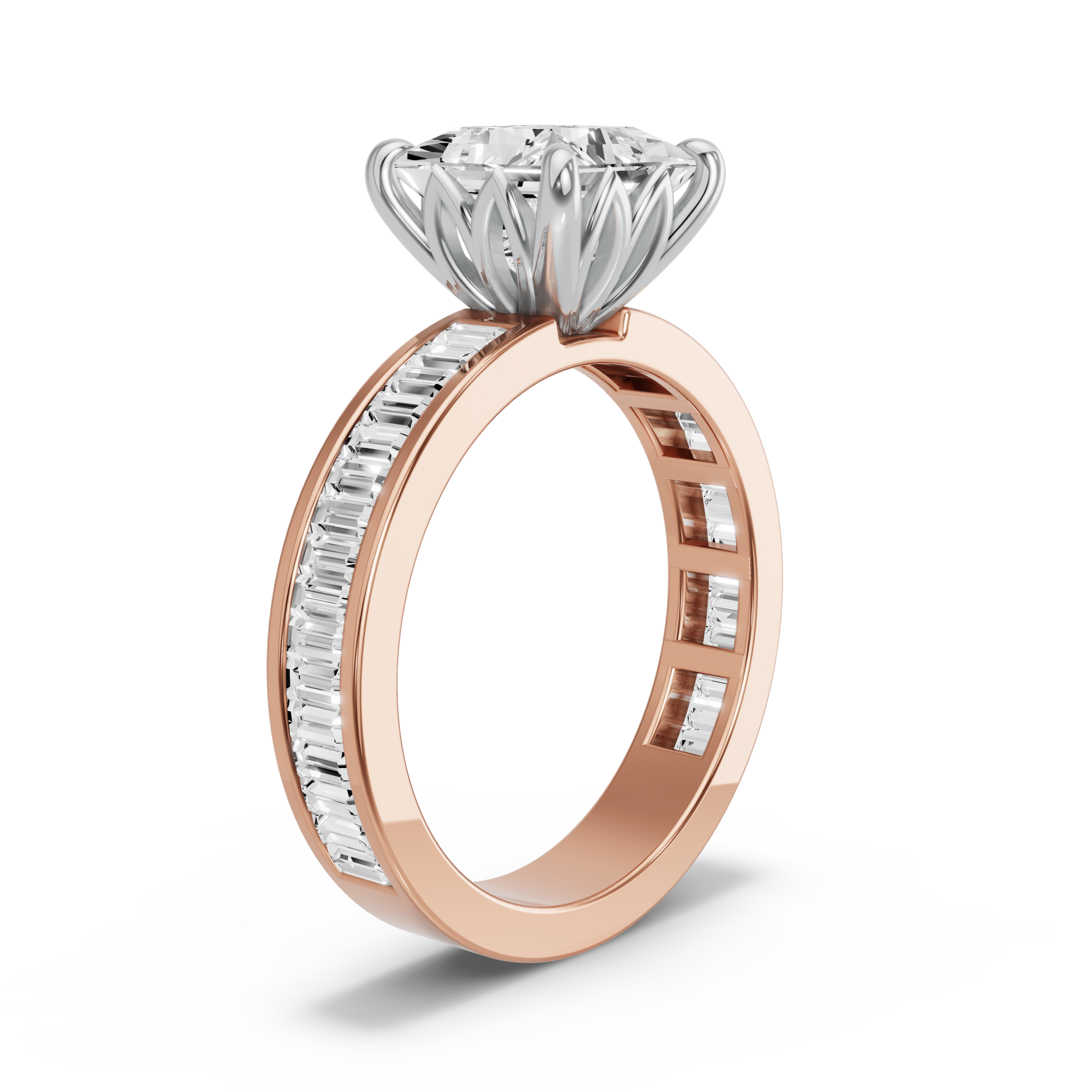Image for Princess Lotus Basket Ring with Baguette Channel band in 10K Two Tone Yellow Gold