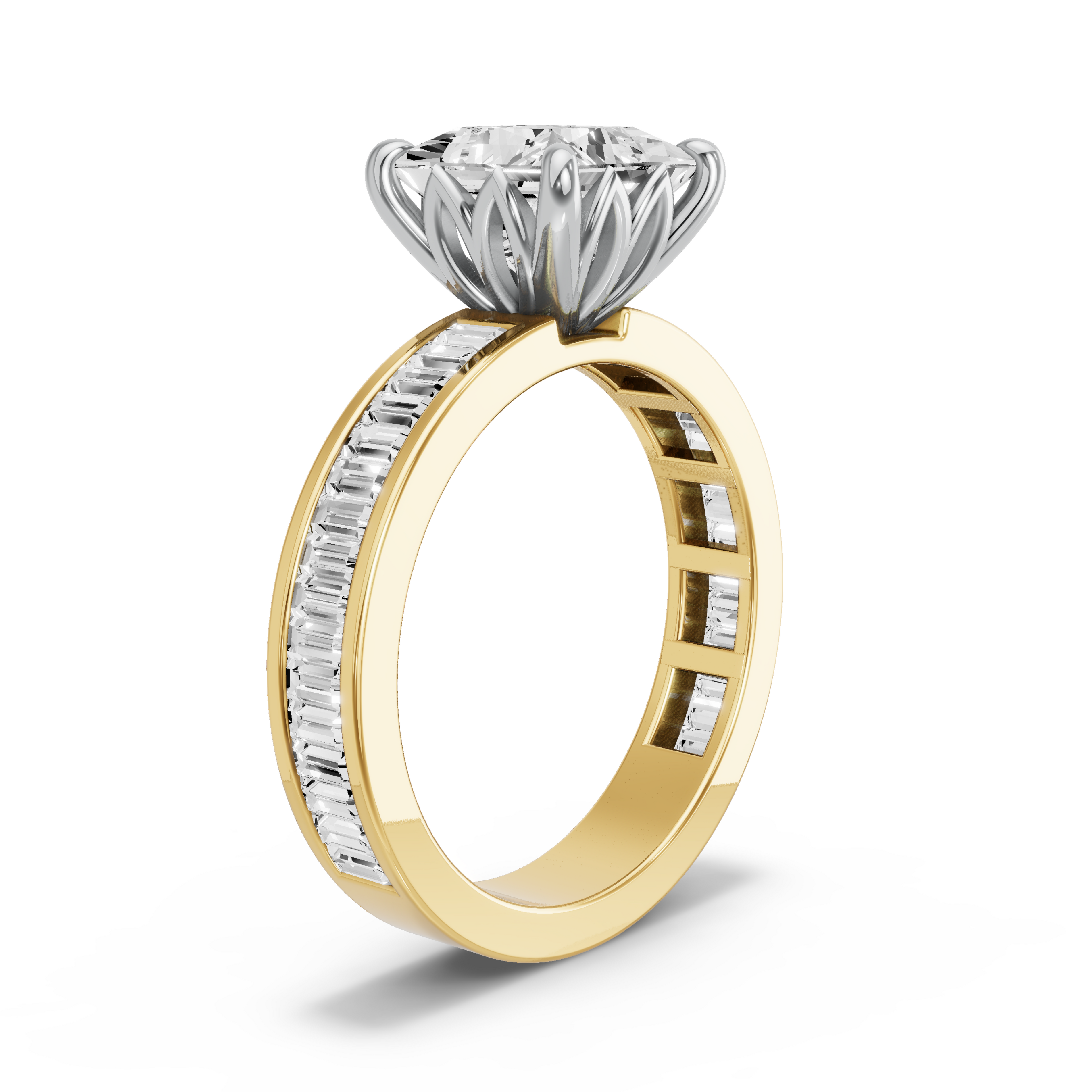 Image for Princess Lotus Basket Ring with Baguette Channel band in 18K Rose Gold
