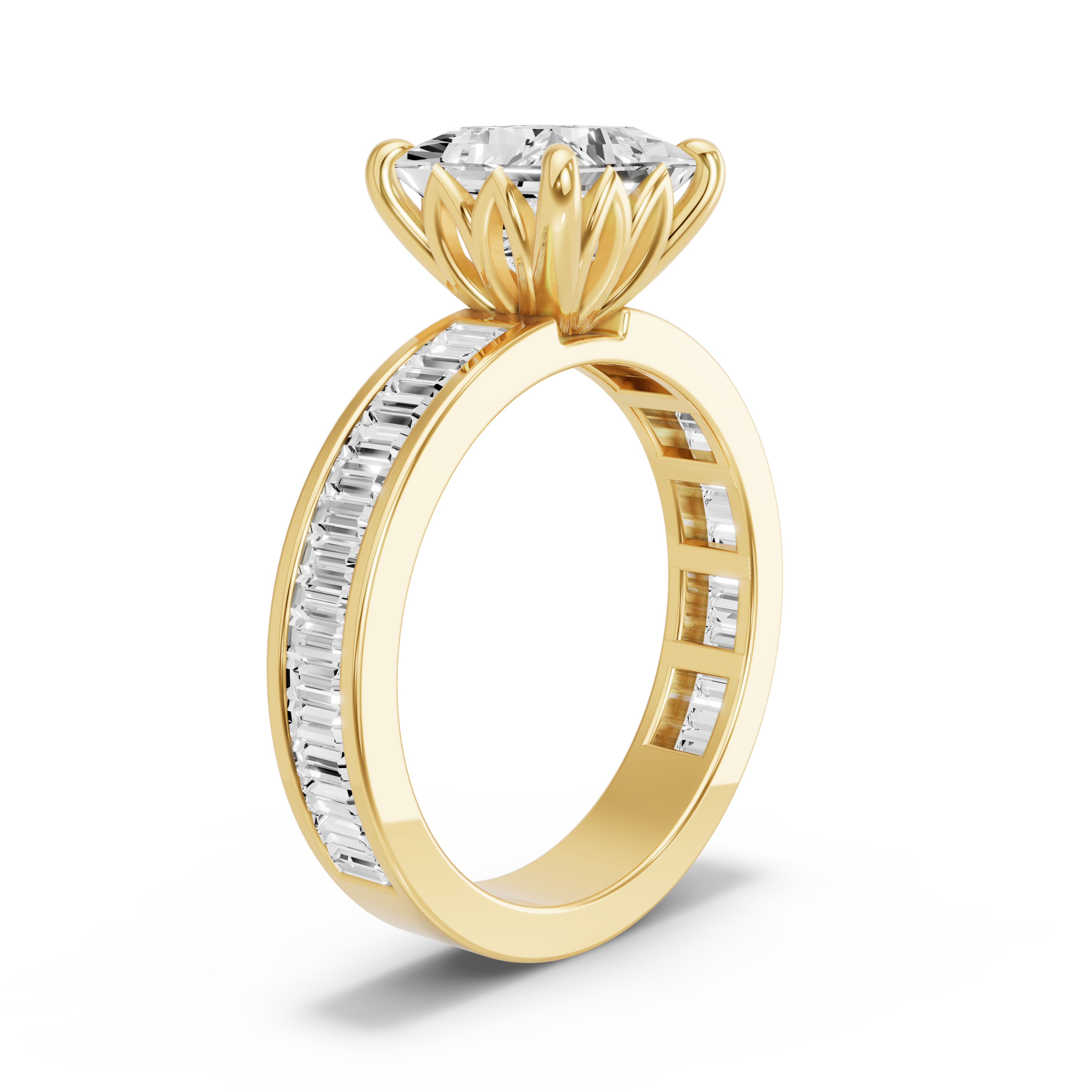 Image for Princess Lotus Basket Ring with Baguette Channel band in 10K White Gold