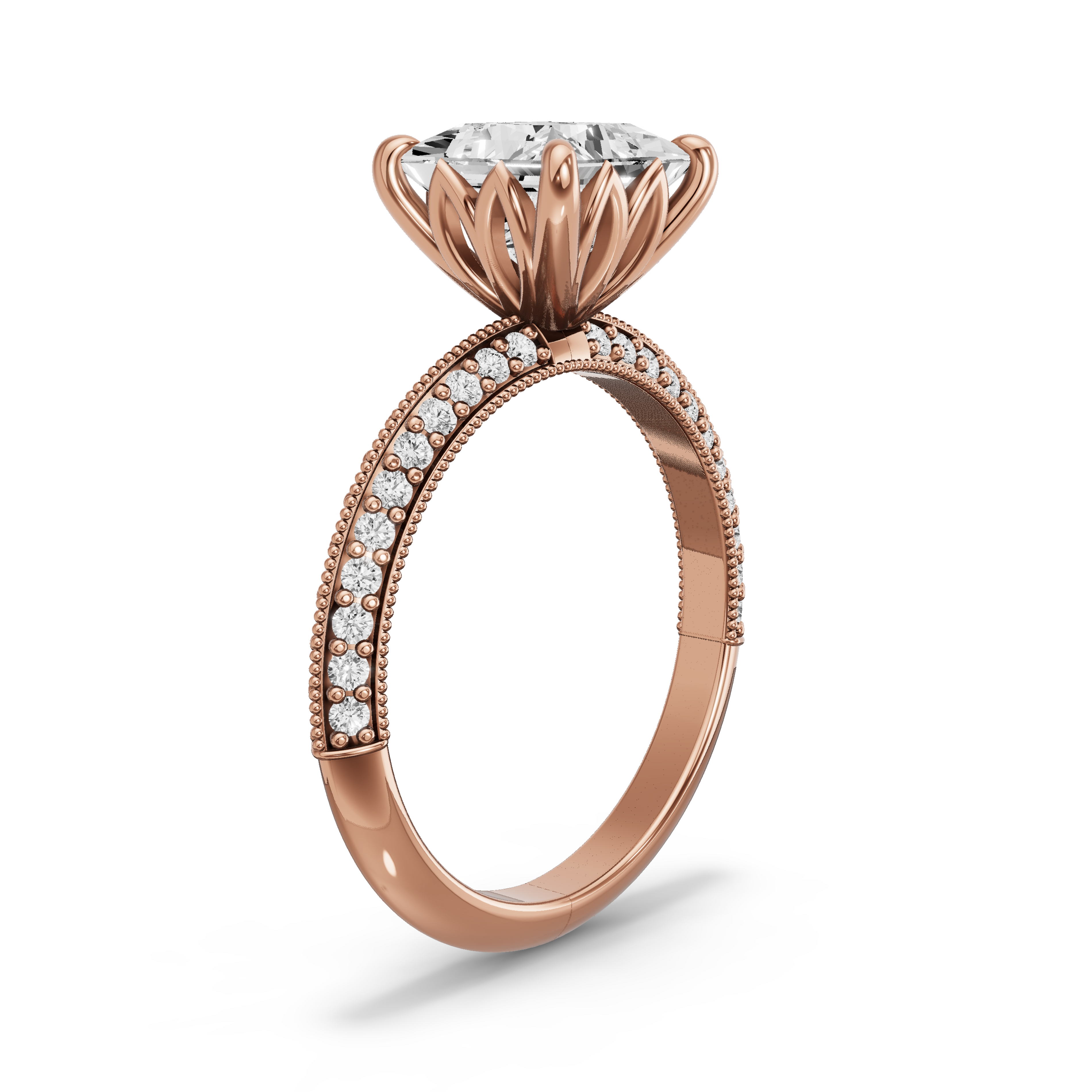Image for Princess Lotus Basket Ring with Knife Edge Pave band in 18K Yellow Gold
