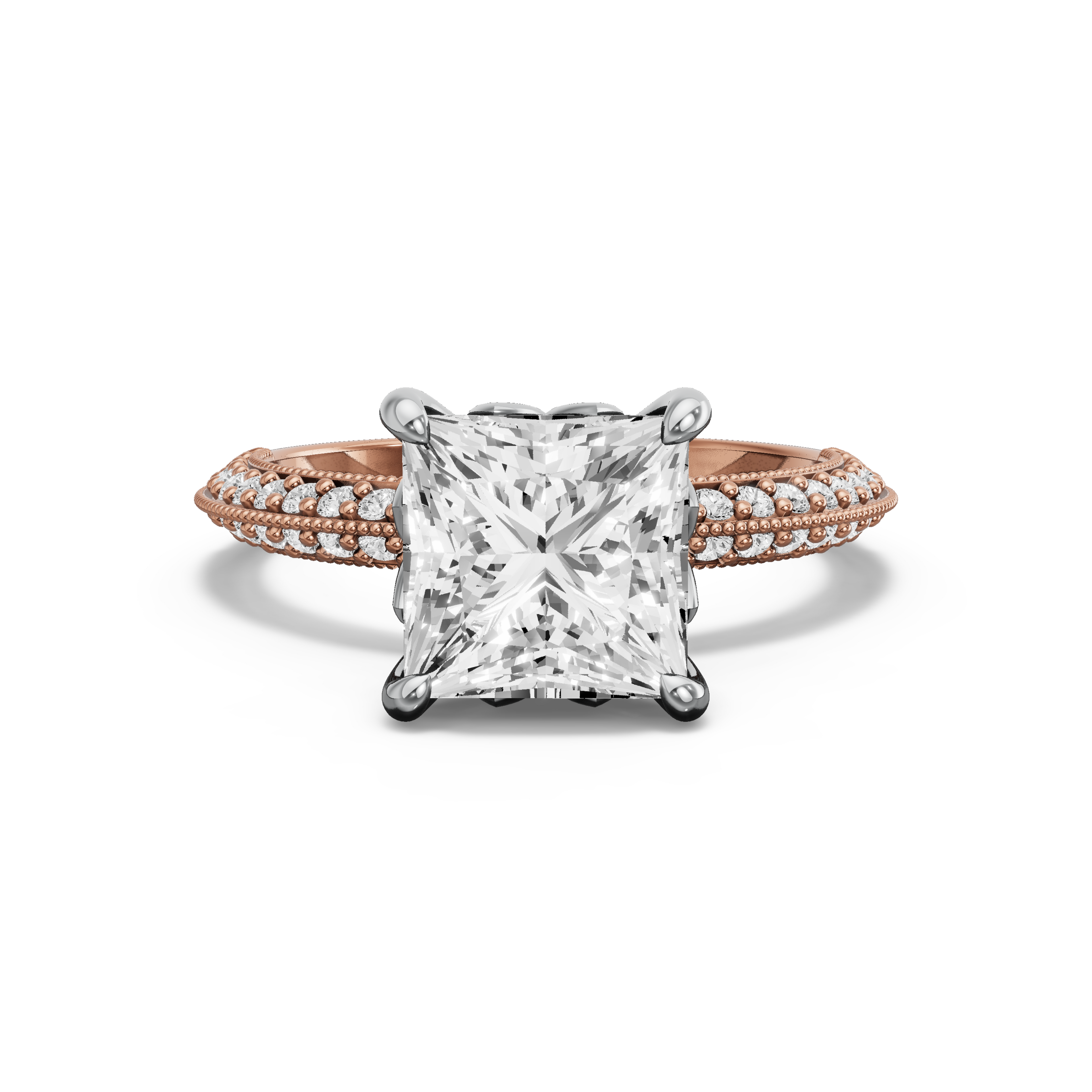 Image for Princess Lotus Basket Ring with Knife Edge Pave band in 10K Two Tone Yellow Gold