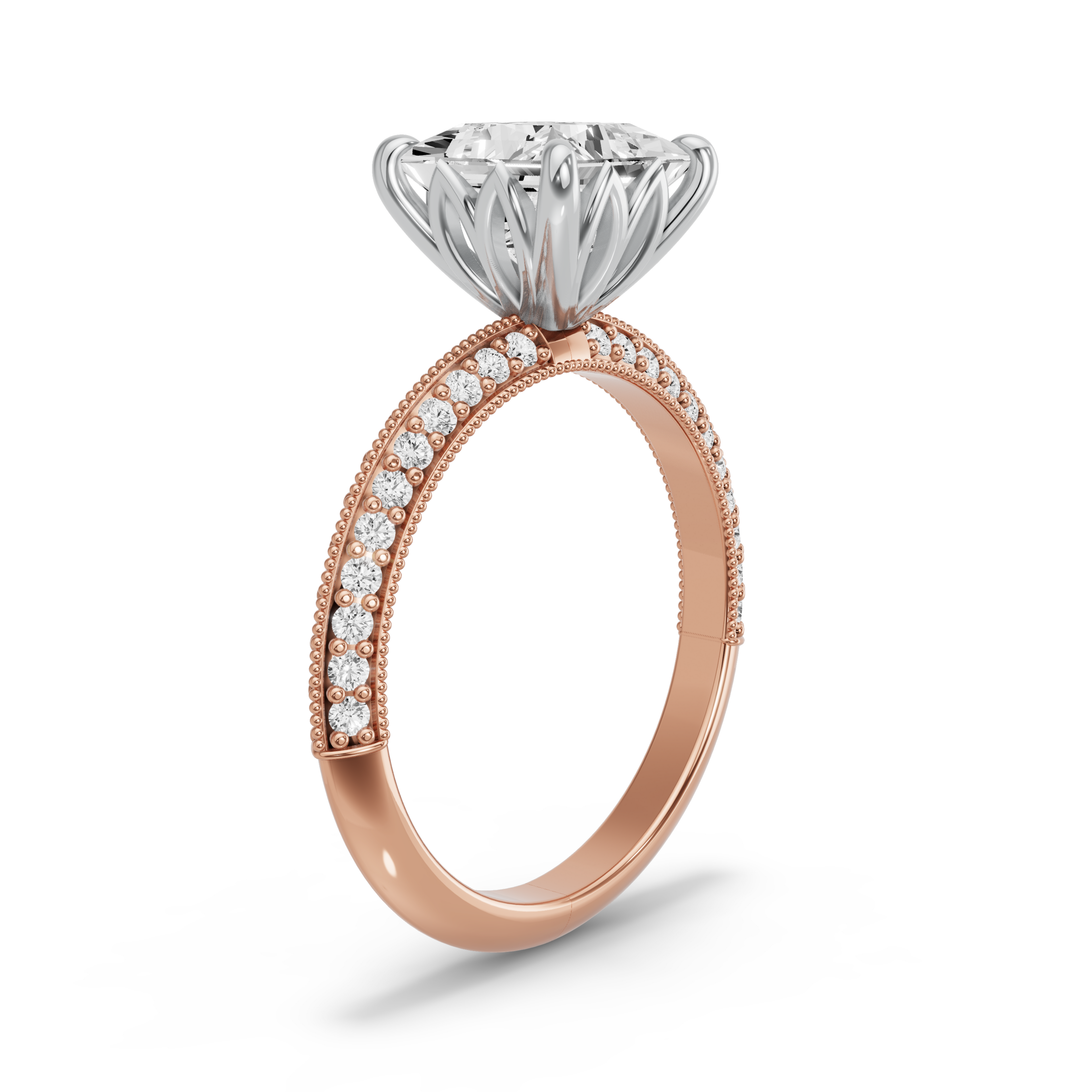 Image for Princess Lotus Basket Ring with Knife Edge Pave band in 10K Two Tone Yellow Gold