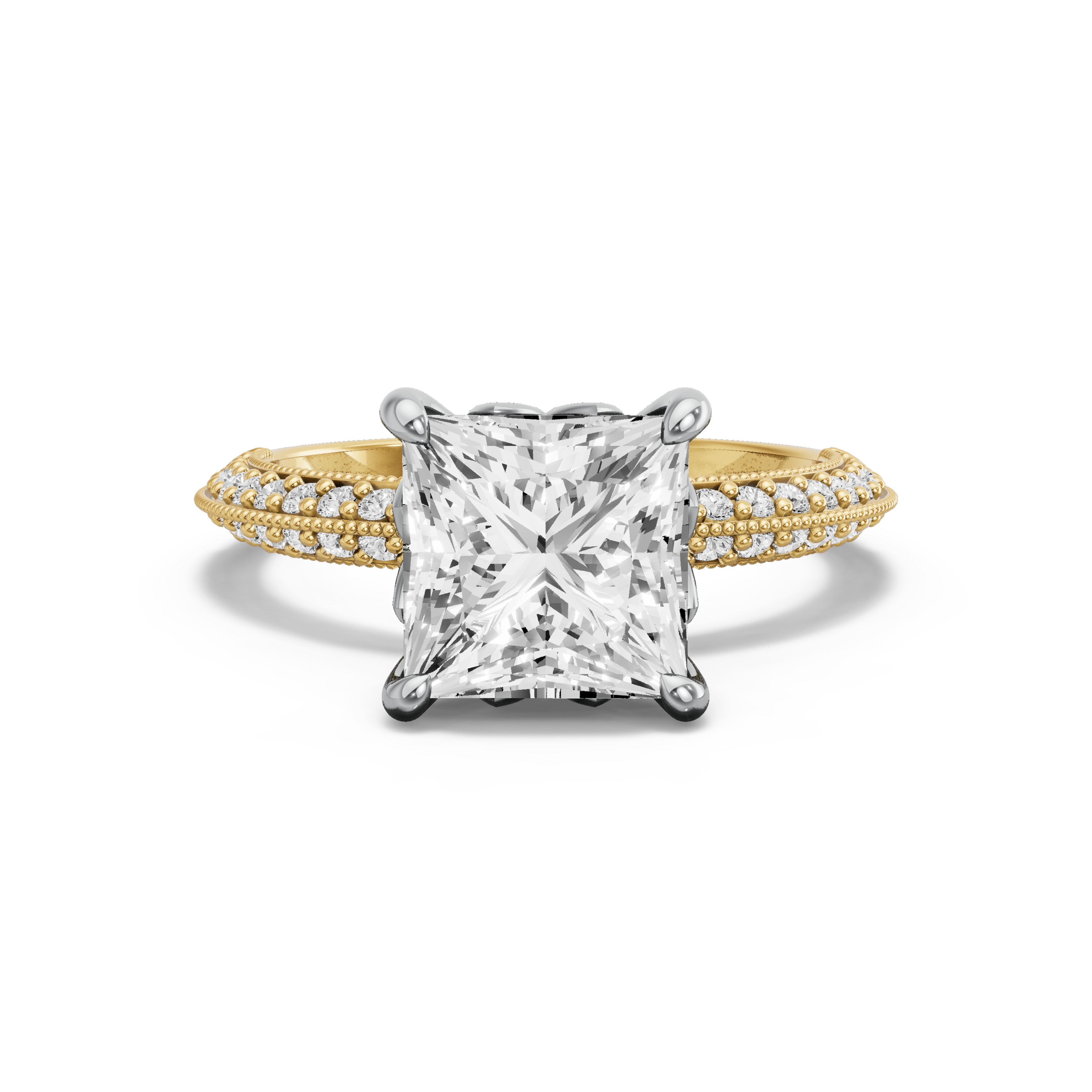 Image for Princess Lotus Basket Ring with Knife Edge Pave band in 18K Rose Gold