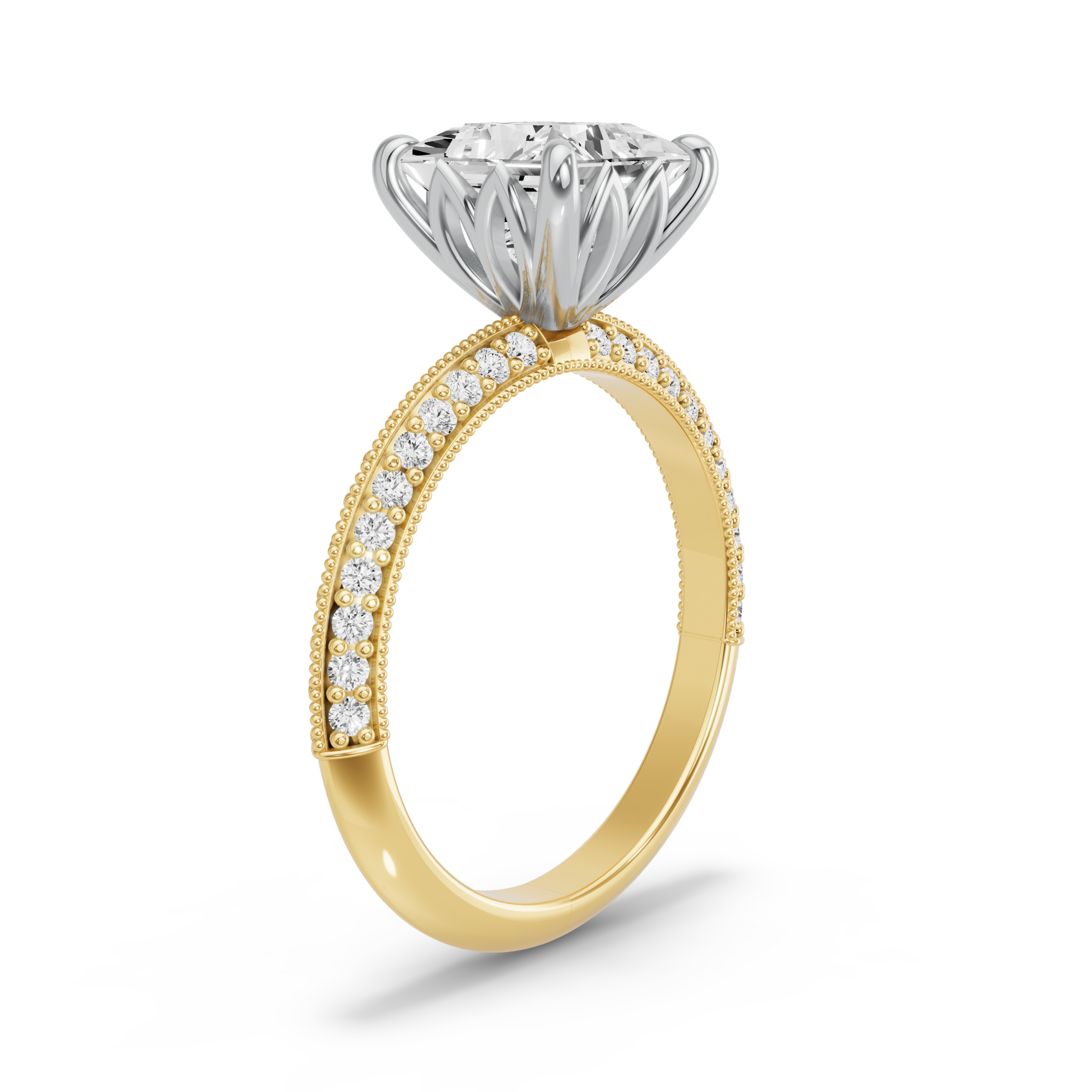 Image for Princess Lotus Basket Ring with Knife Edge Pave band in 10K Rose Gold