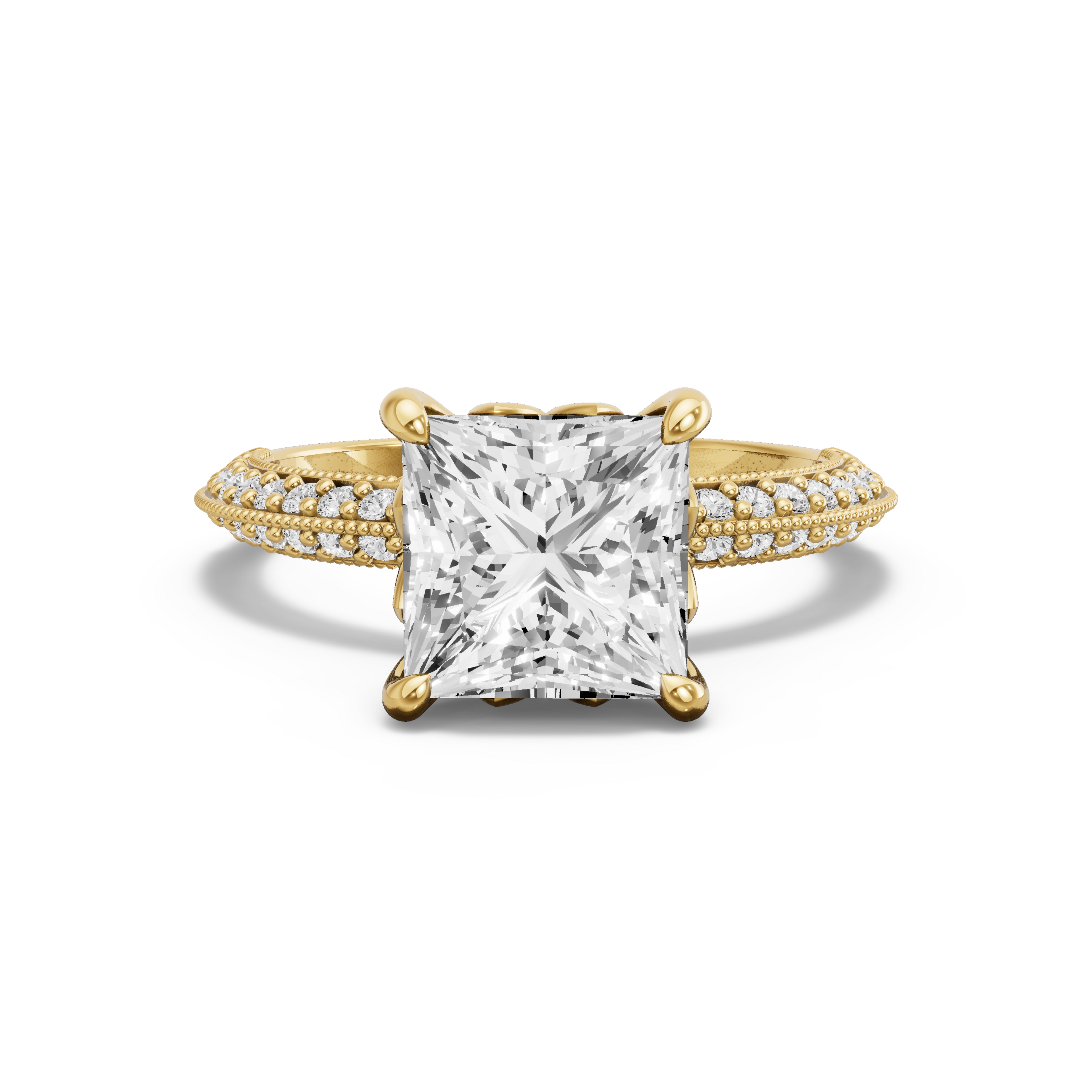 Image for Princess Lotus Basket Ring with Knife Edge Pave band in 18K White Gold