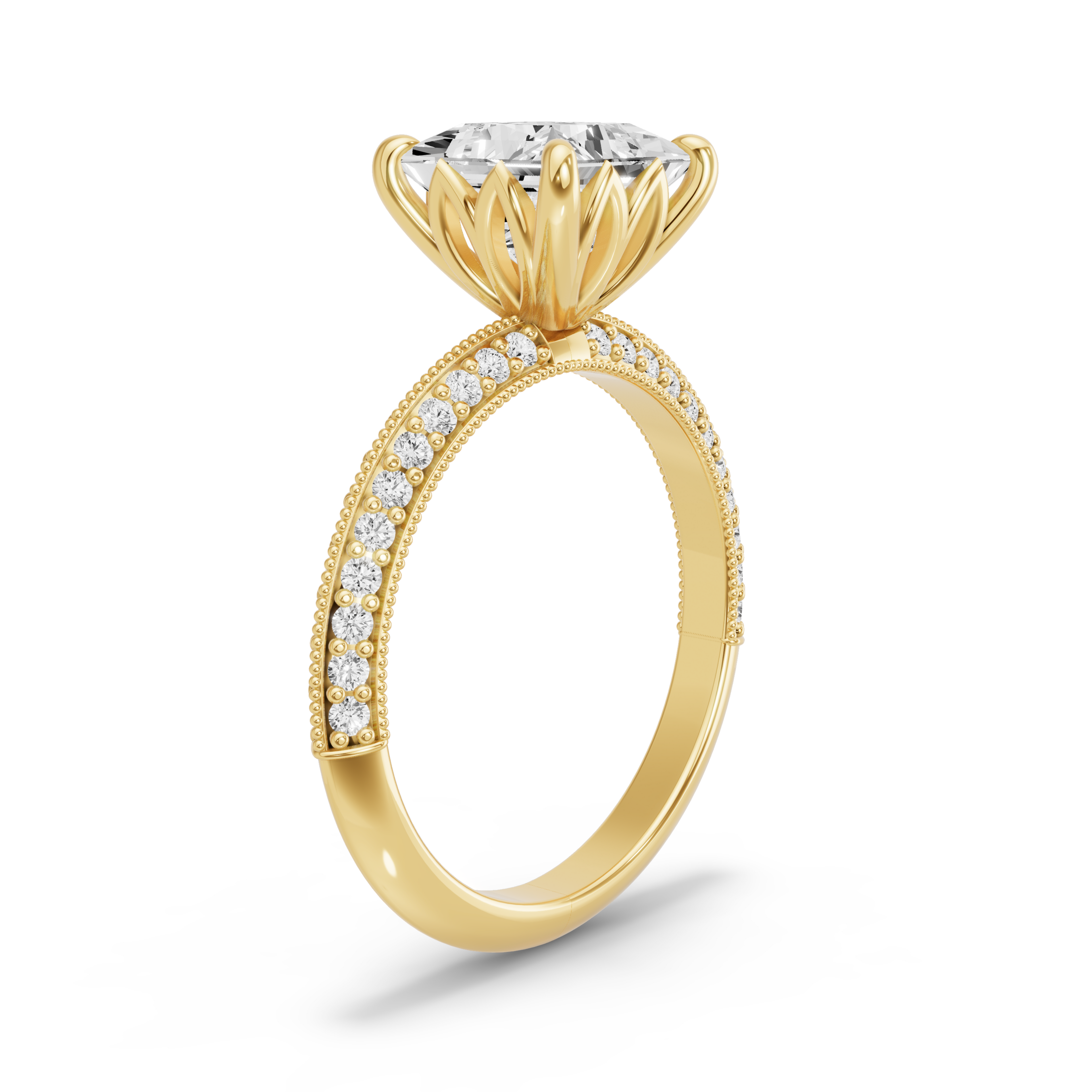 Image for Princess Lotus Basket Ring with Knife Edge Pave band in 10K White Gold