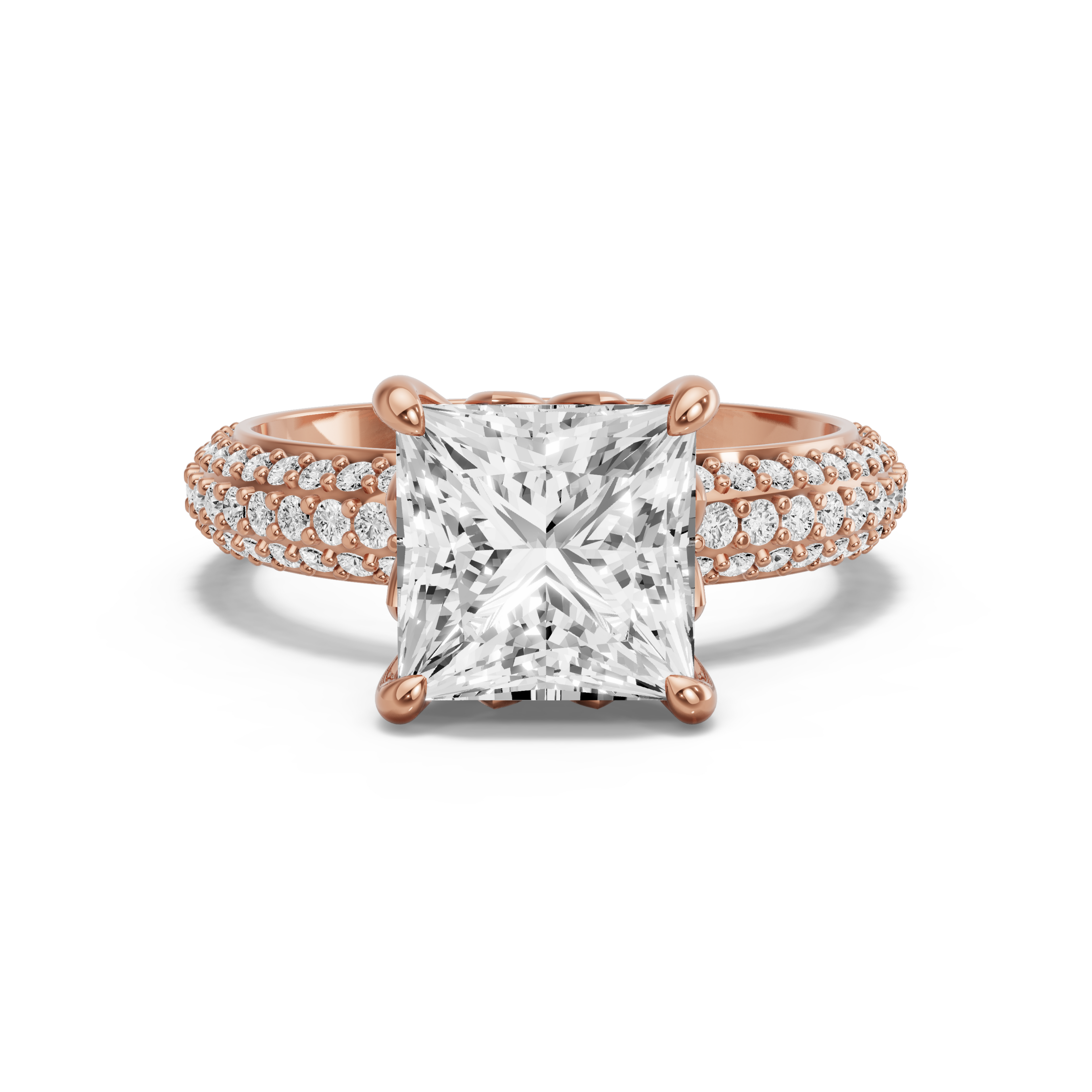 Image for Princess Lotus Basket Ring with Triple Row Pave band in 14K Yellow Gold