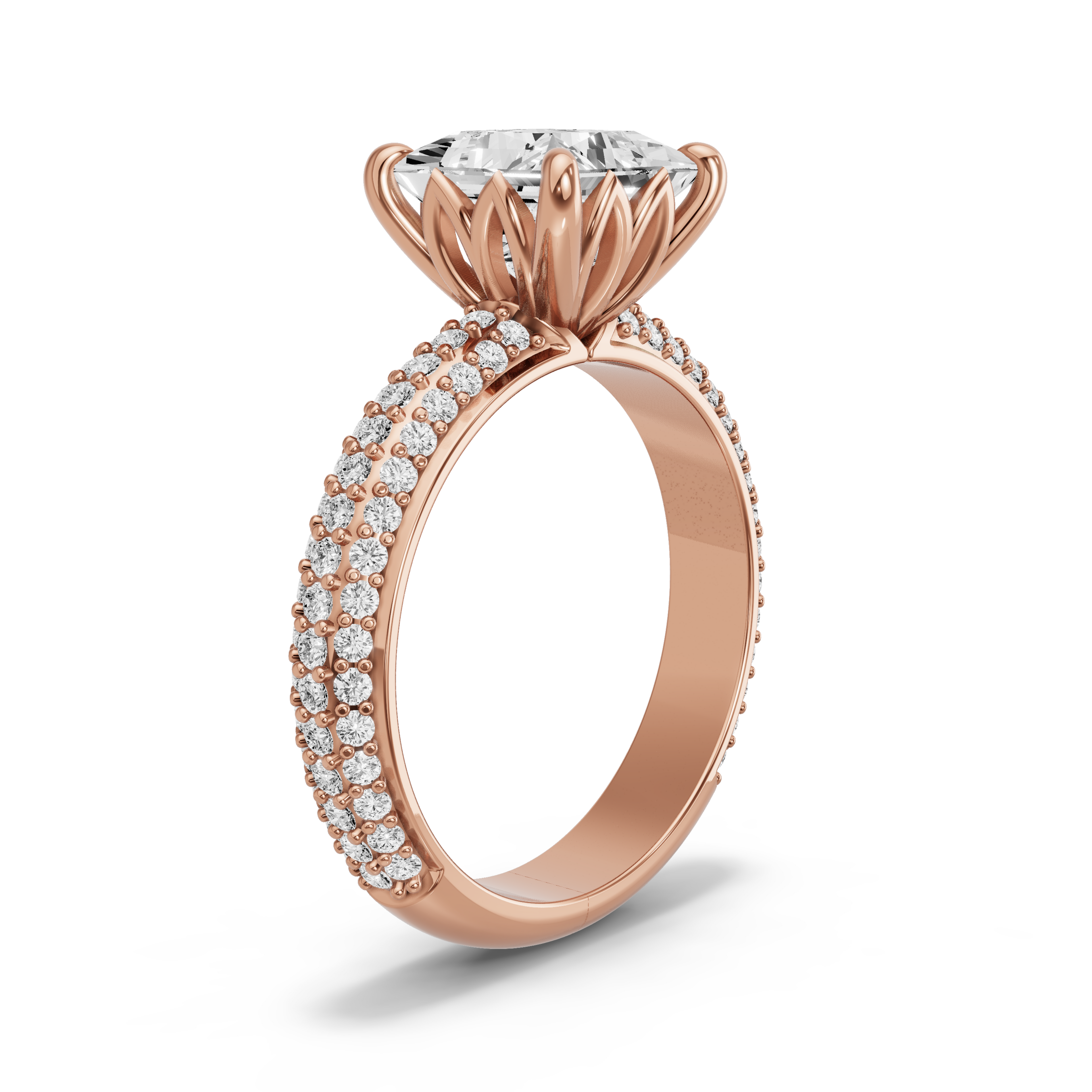 Image for Princess Lotus Basket Ring with Triple Row Pave band in 18K Yellow Gold