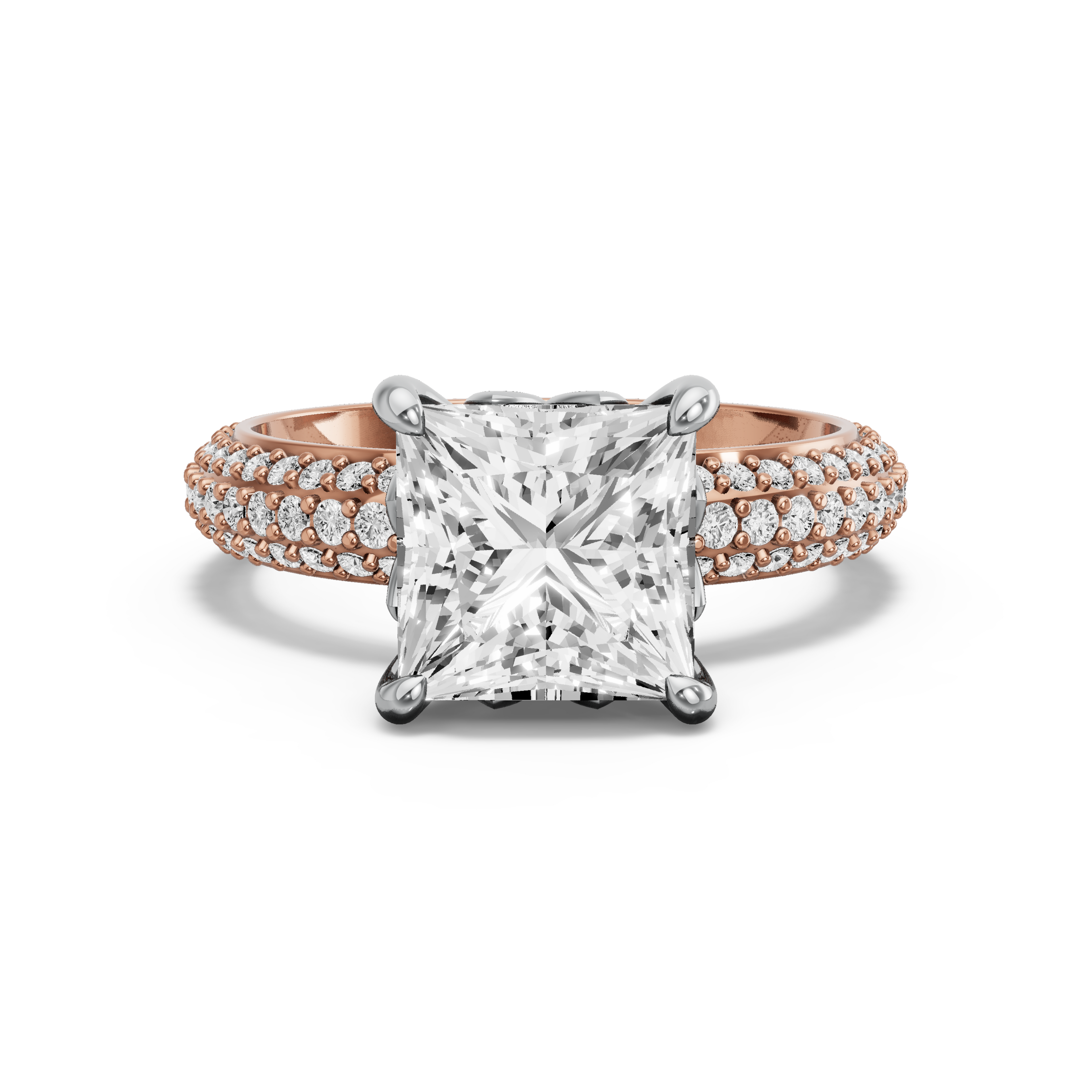 Image for Princess Lotus Basket Ring with Triple Row Pave band in 18K Two Tone Yellow Gold