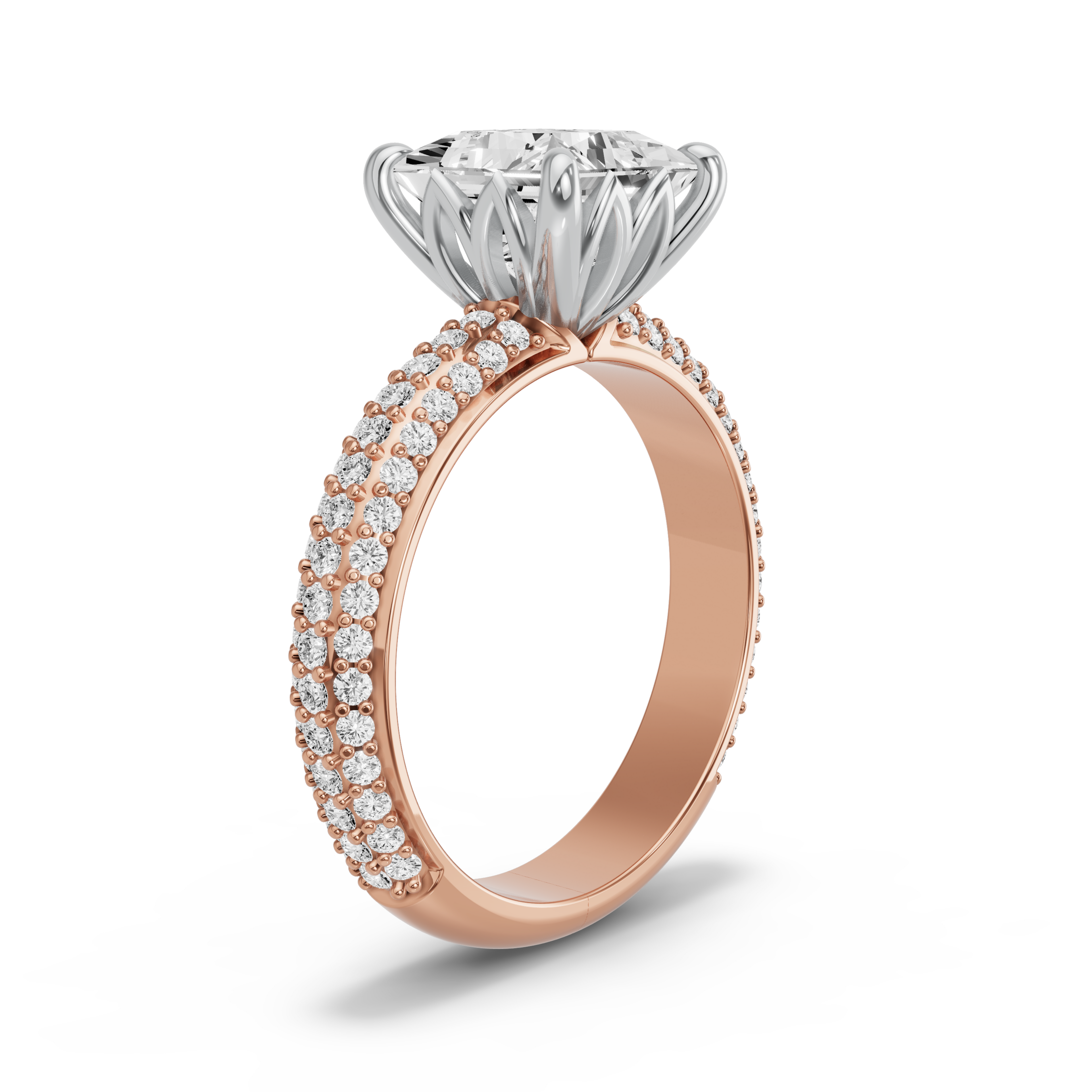 Image for Princess Lotus Basket Ring with Triple Row Pave band in 10K Two Tone Yellow Gold