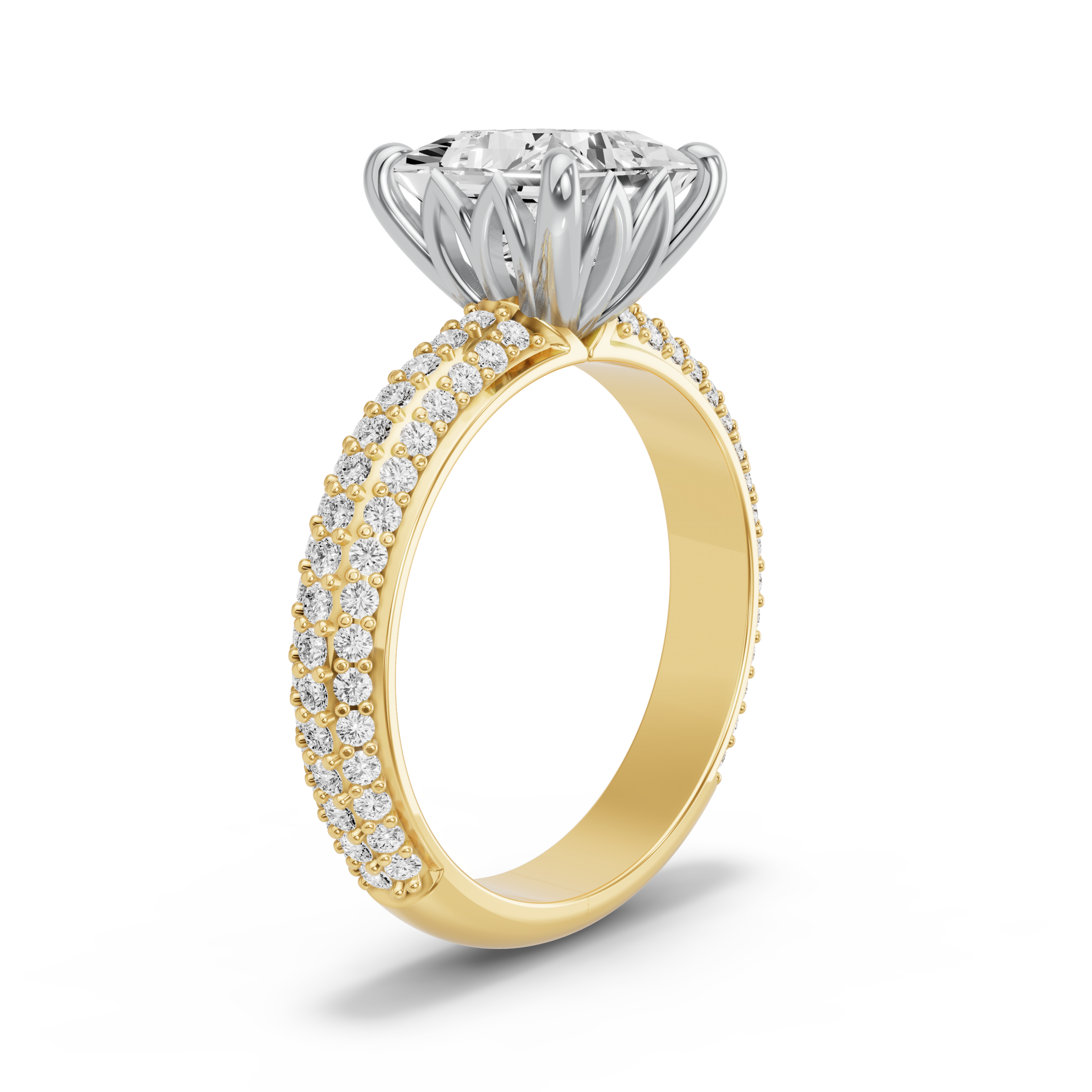 Image for Princess Lotus Basket Ring with Triple Row Pave band in 14K Rose Gold