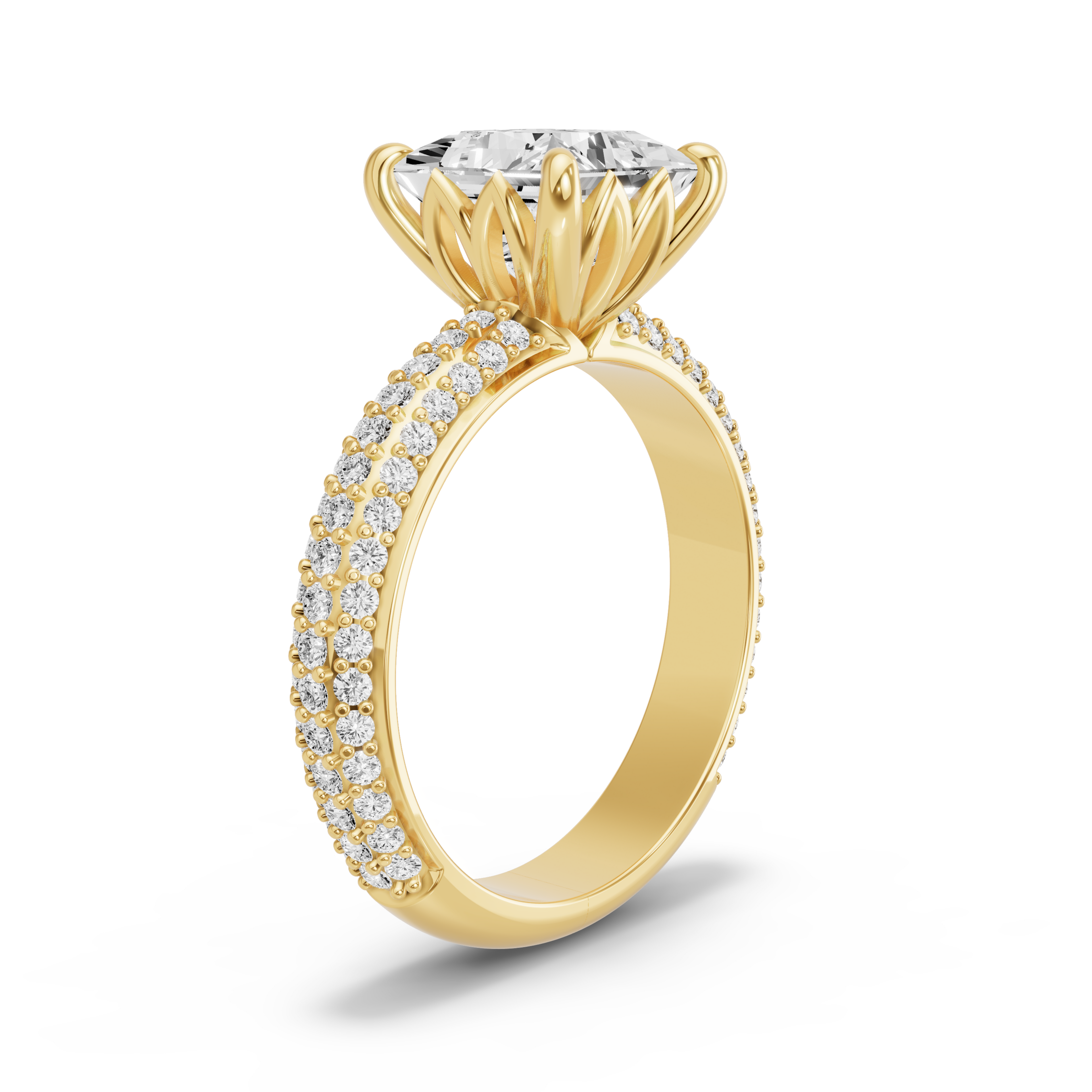 Image for Princess Lotus Basket Ring with Triple Row Pave band in 10K White Gold