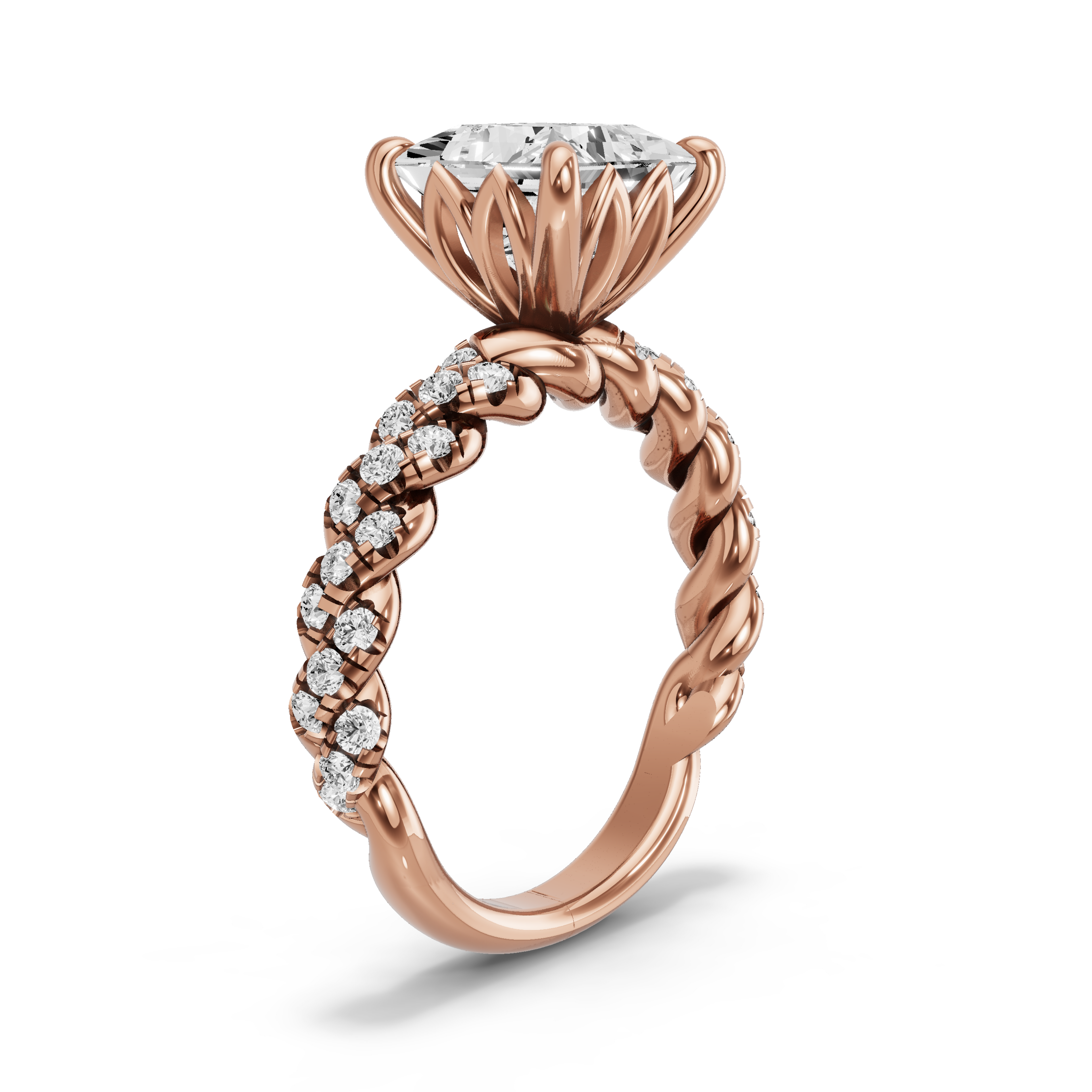 Image for Princess Lotus Basket Ring with Twist Pave band in 18K Yellow Gold