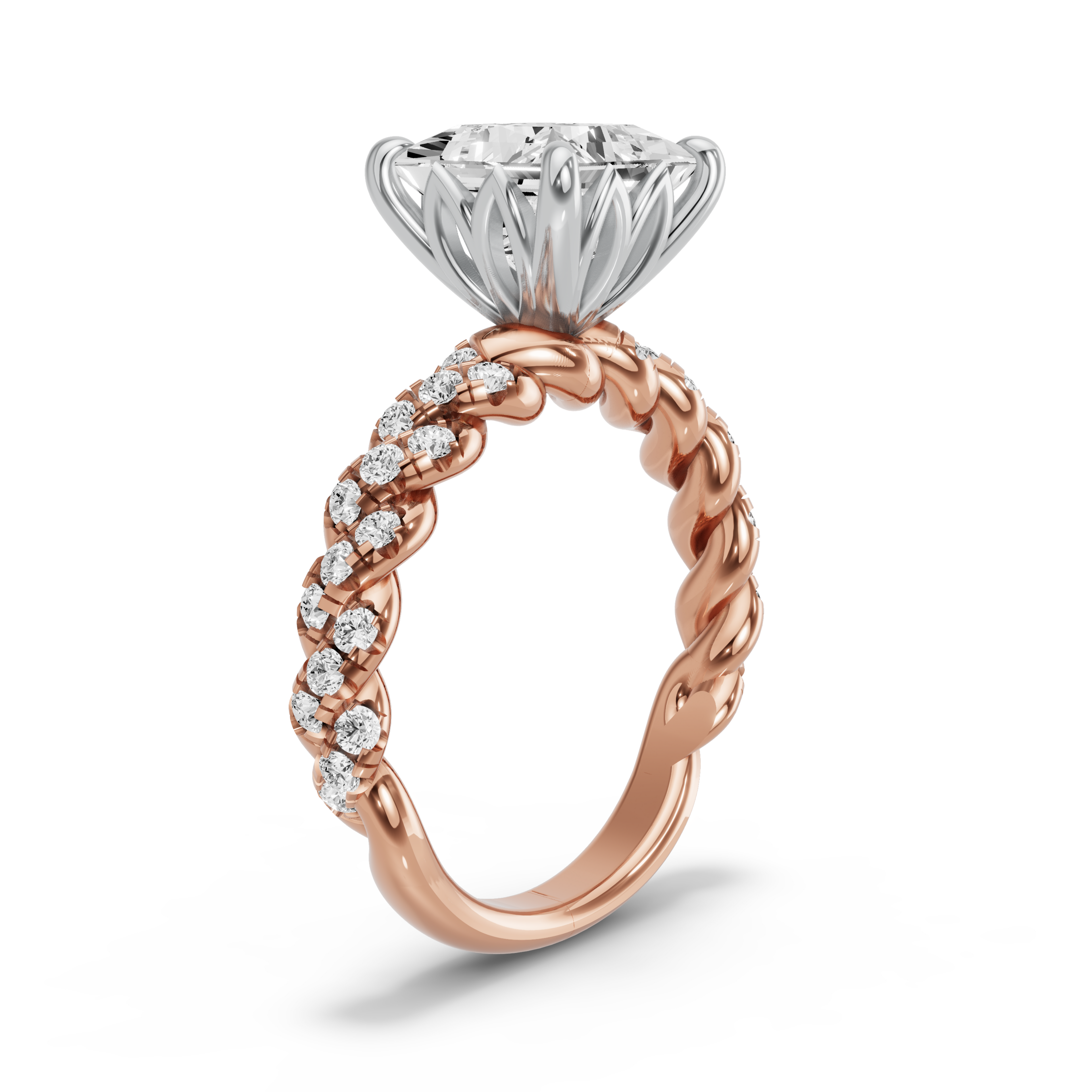 Image for Princess Lotus Basket Ring with Twist Pave band in 10K Two Tone Yellow Gold