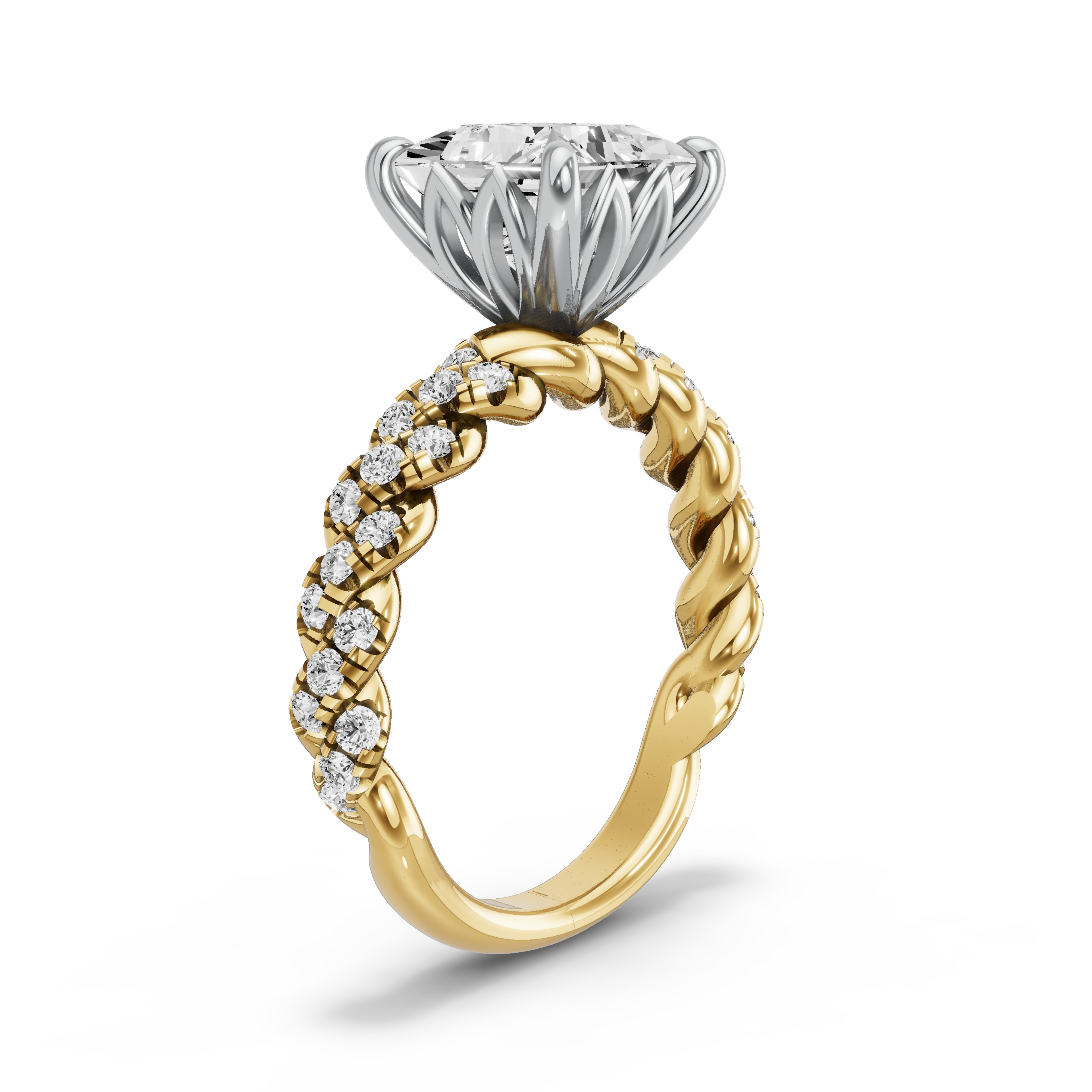 Image for Princess Lotus Basket Ring with Twist Pave band in 10K Rose Gold