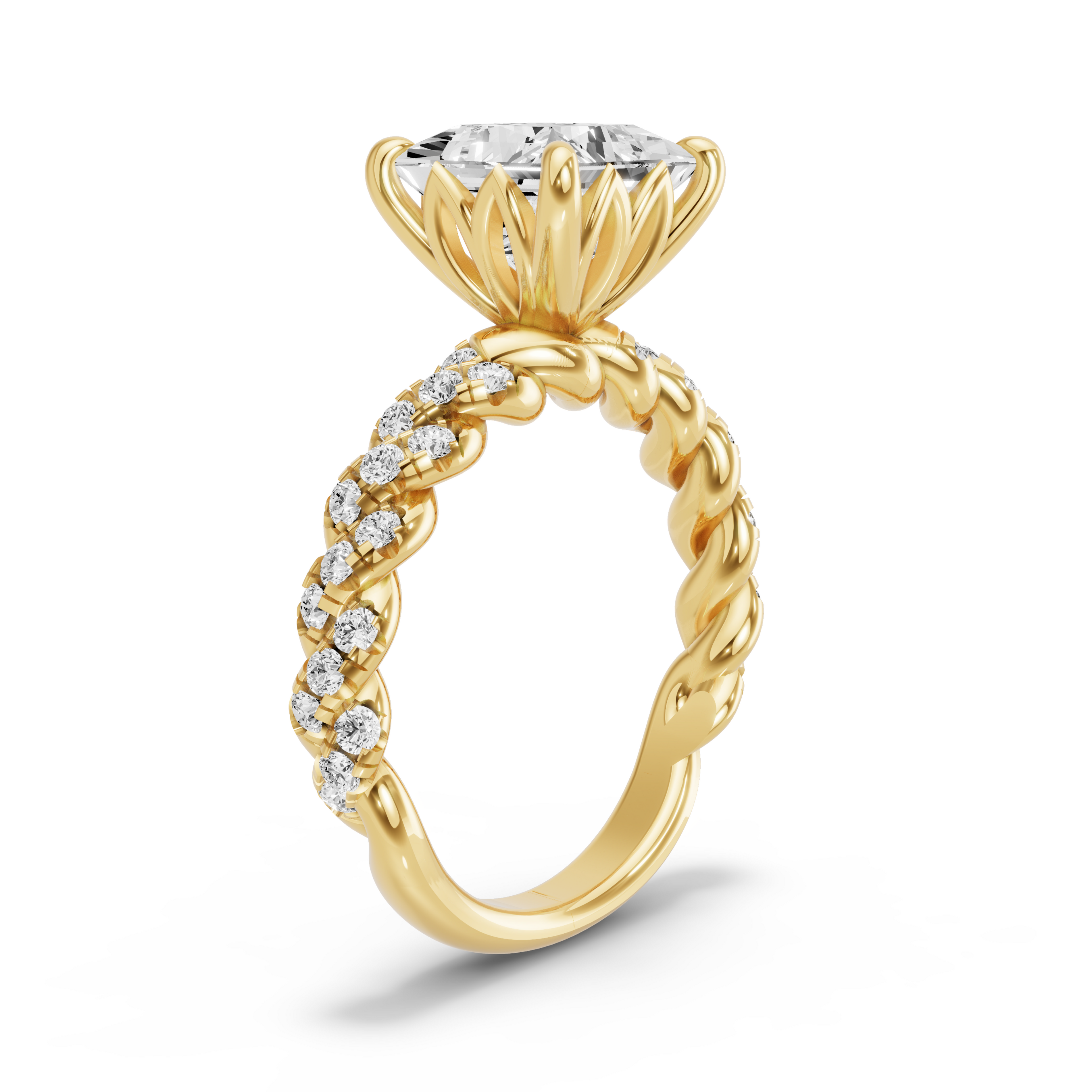 Image for Princess Lotus Basket Ring with Twist Pave band in 10K White Gold