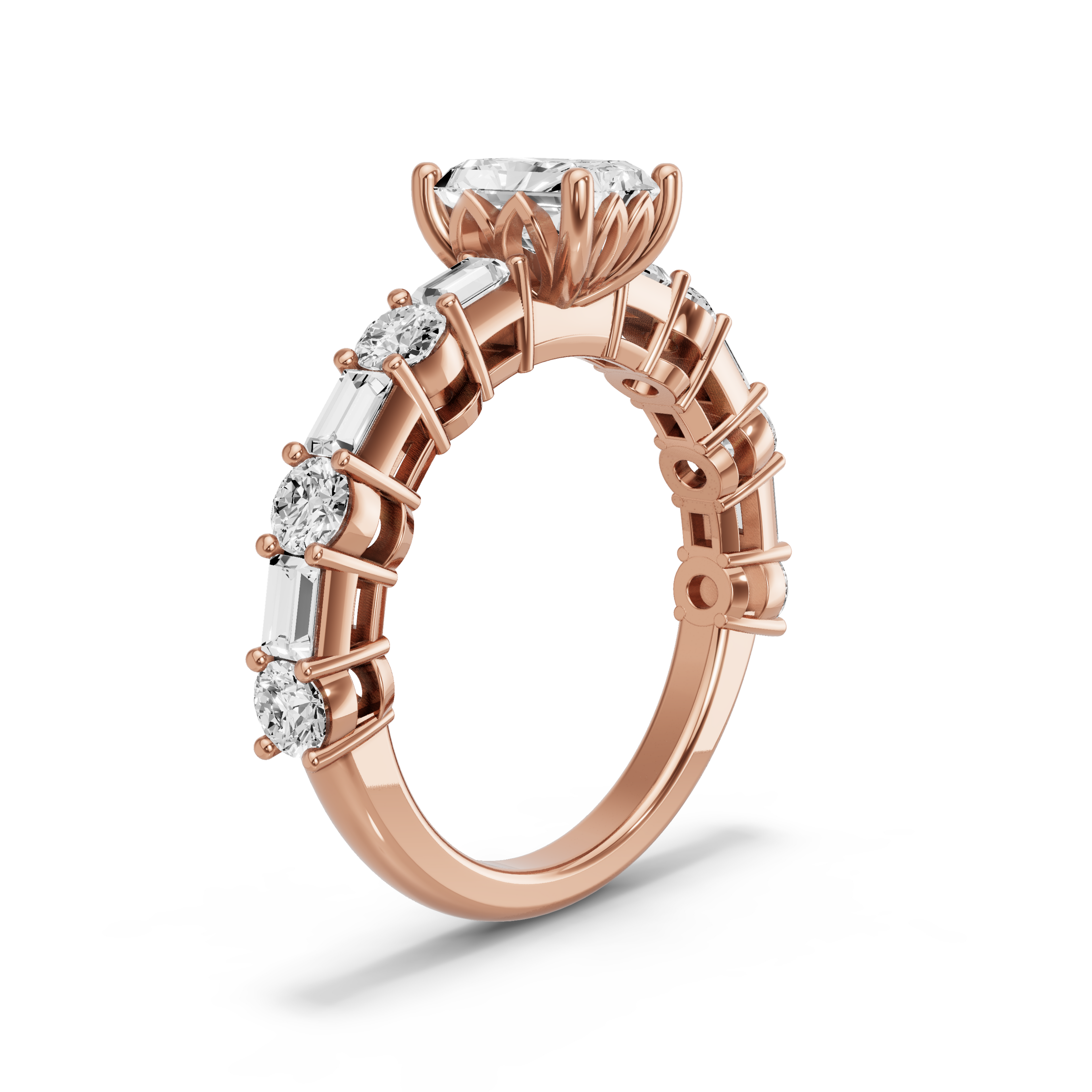 Image for Radiant Lotus Basket Ring with Alternating Baguette band in 10K Yellow Gold