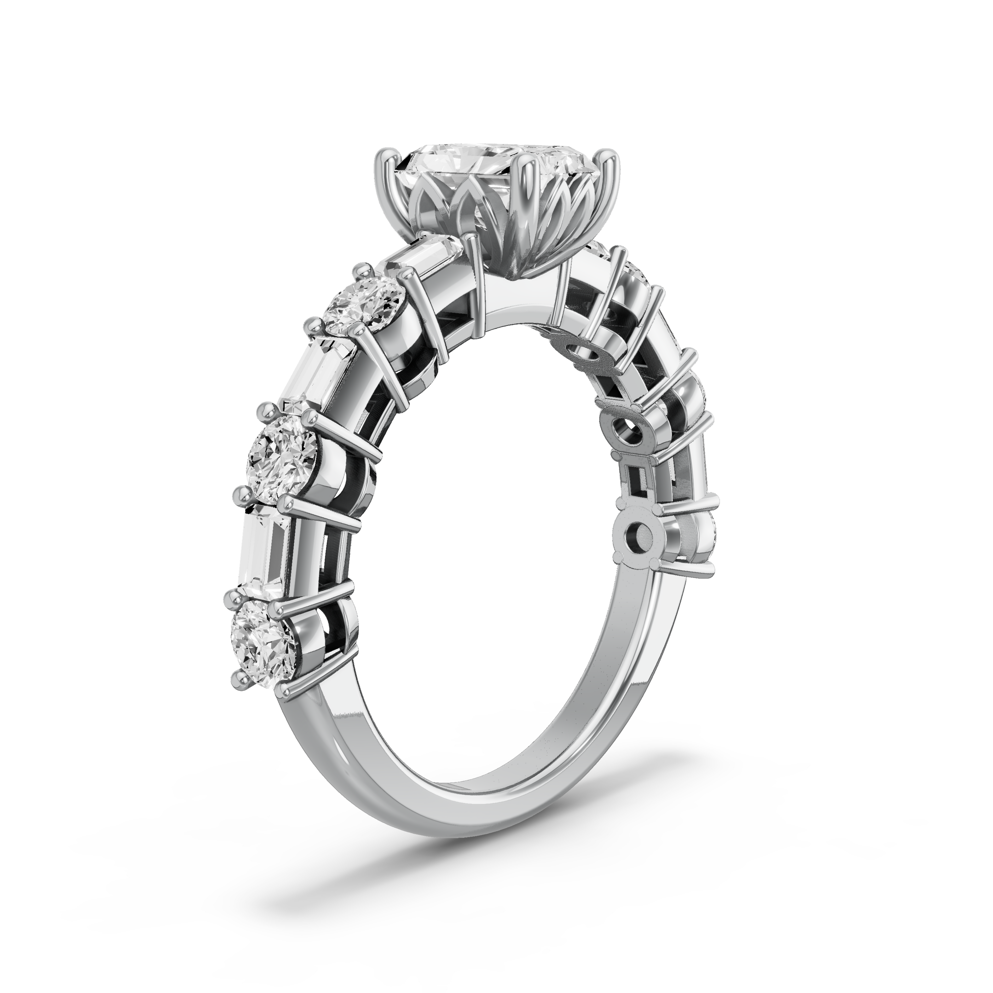 Image for Radiant Lotus Basket Ring with Alternating Baguette band in 18K Two Tone Rose Gold
