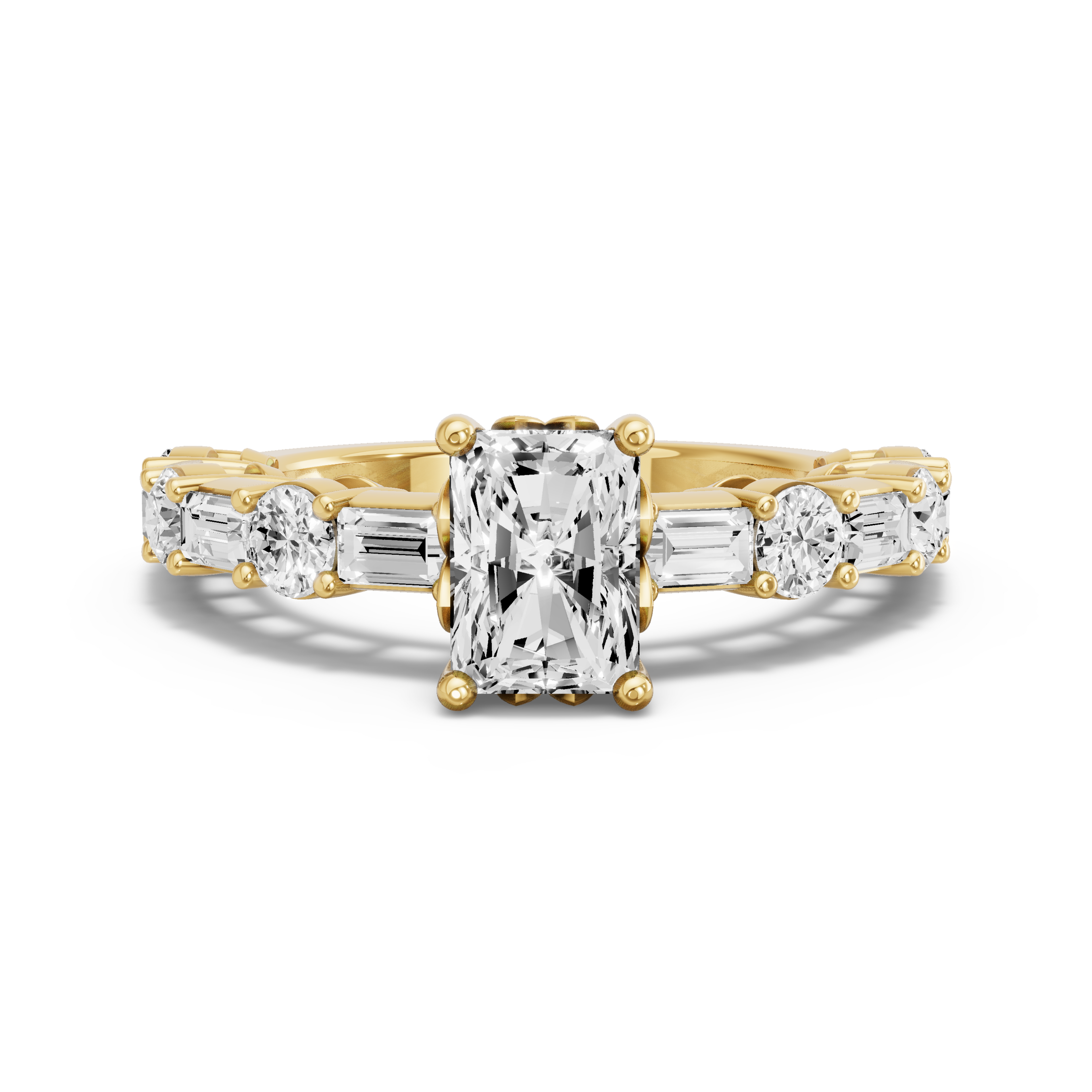 Image for Radiant Lotus Basket Ring with Alternating Baguette band in 14K White Gold