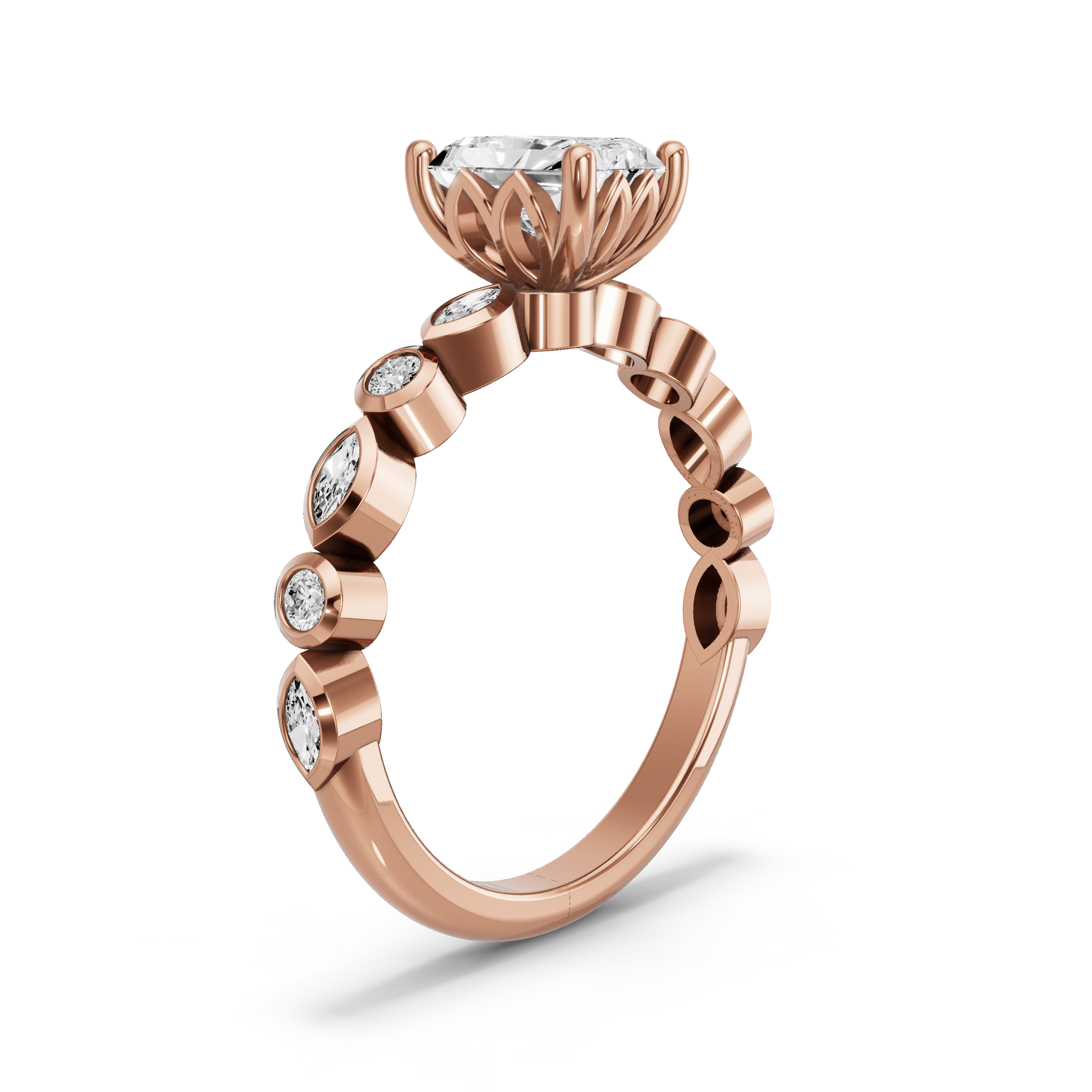 Image for Radiant Lotus Basket Ring with Alternating Marquise band in 14K Yellow Gold