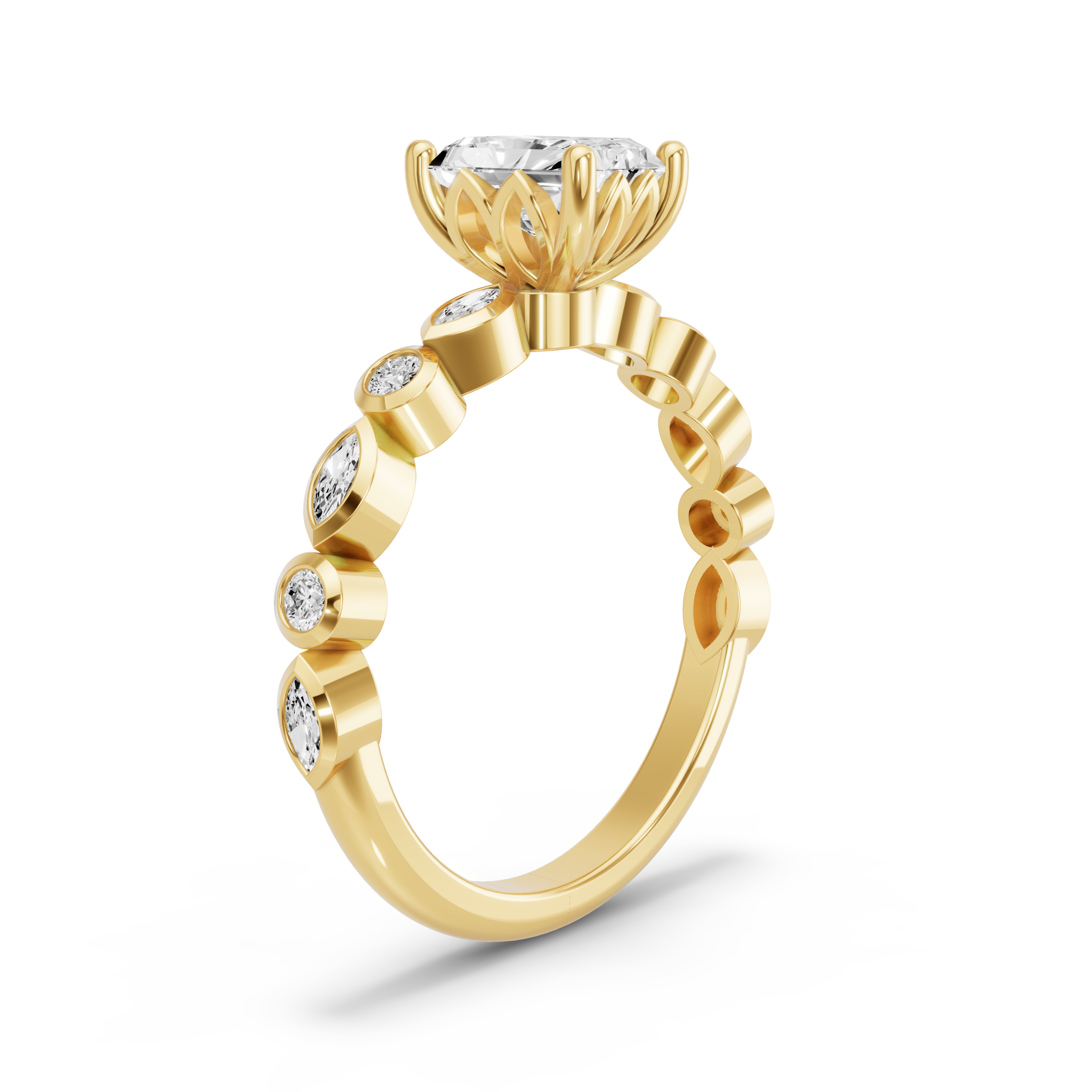 Image for Radiant Lotus Basket Ring with Alternating Marquise band in 14K White Gold