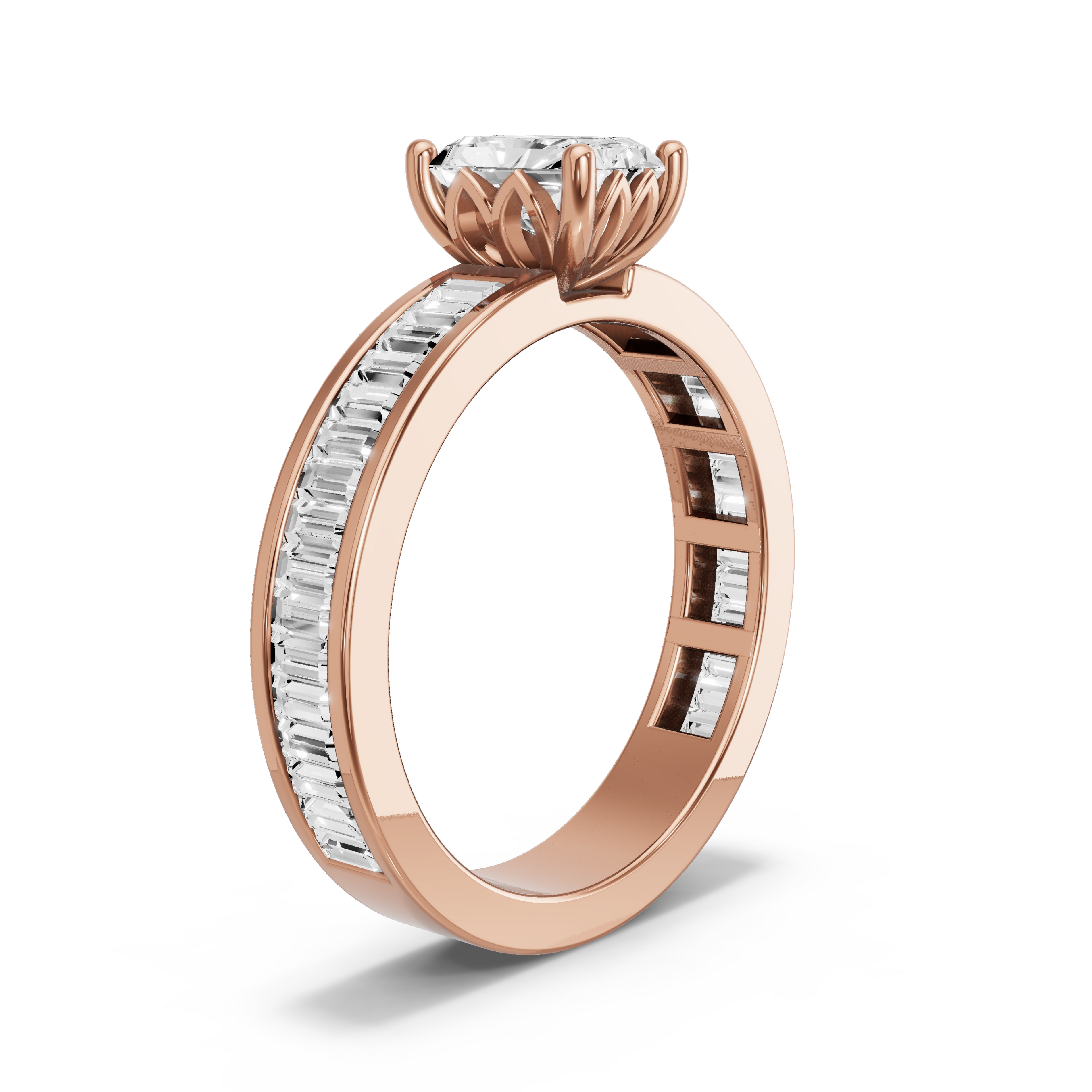 Image for Radiant Lotus Basket Ring with Baguette Channel band in 14K Yellow Gold