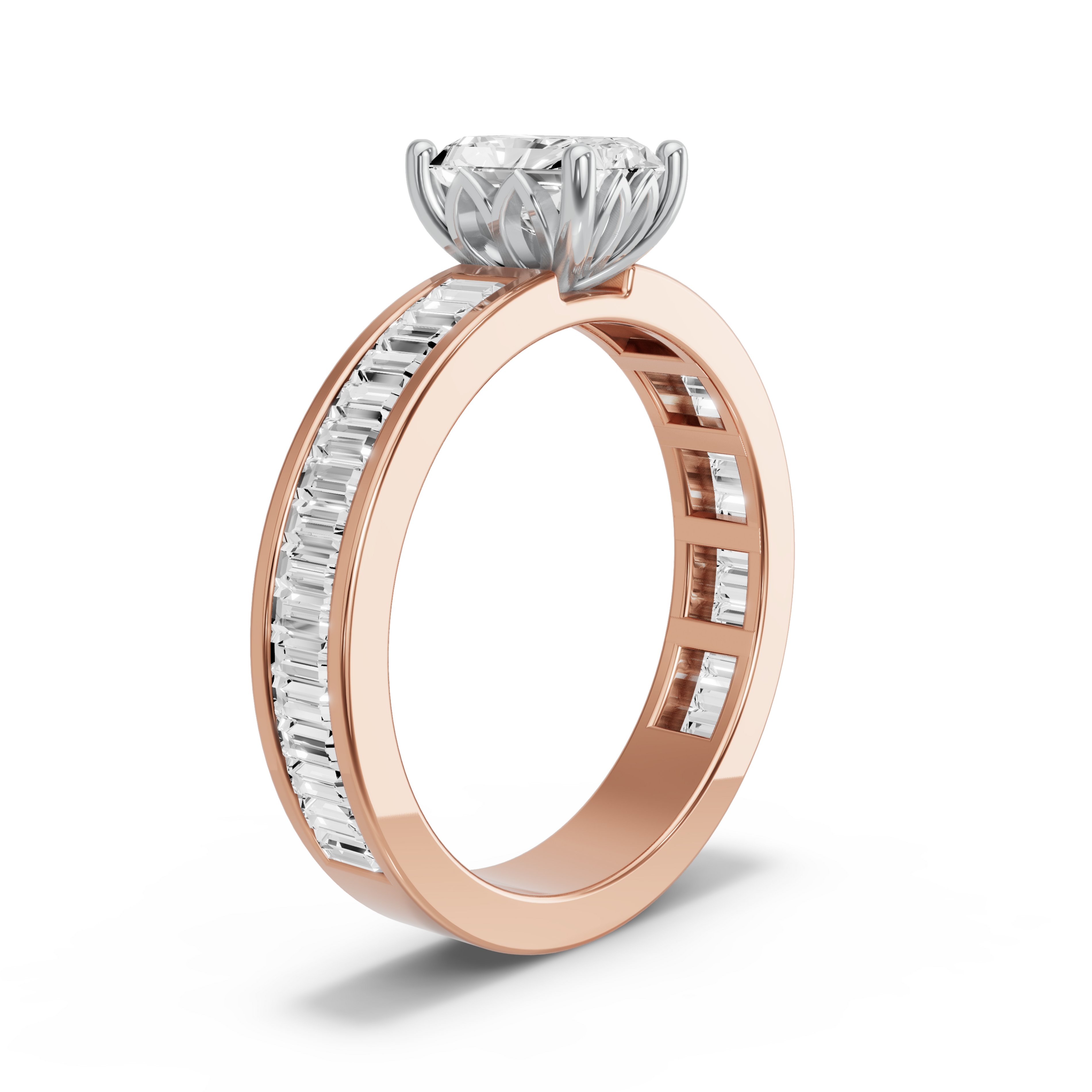 Image for Radiant Lotus Basket Ring with Baguette Channel band in 14K Two Tone Yellow Gold