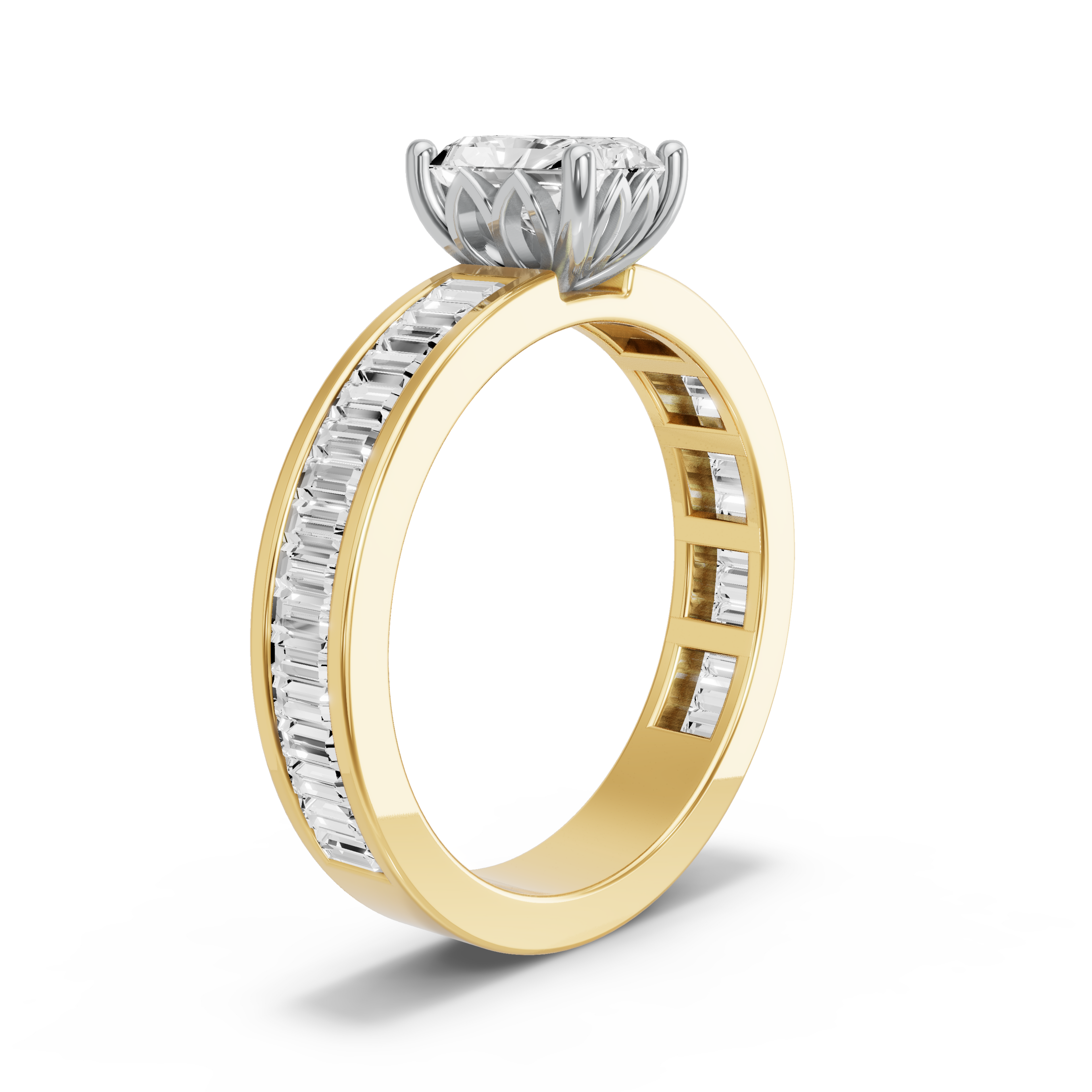 Image for Radiant Lotus Basket Ring with Baguette Channel band in 10K Rose Gold