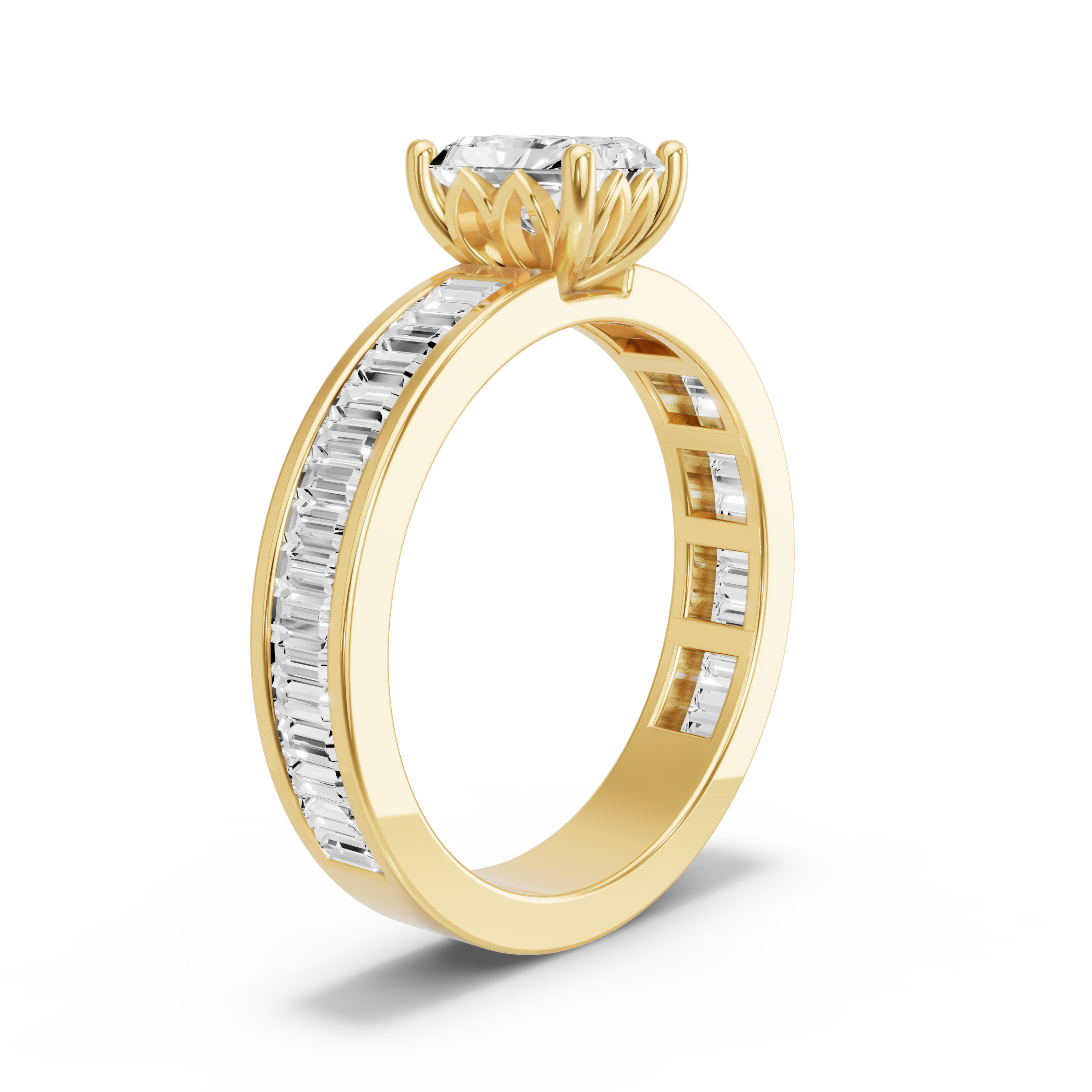 Image for Radiant Lotus Basket Ring with Baguette Channel band in 18K White Gold